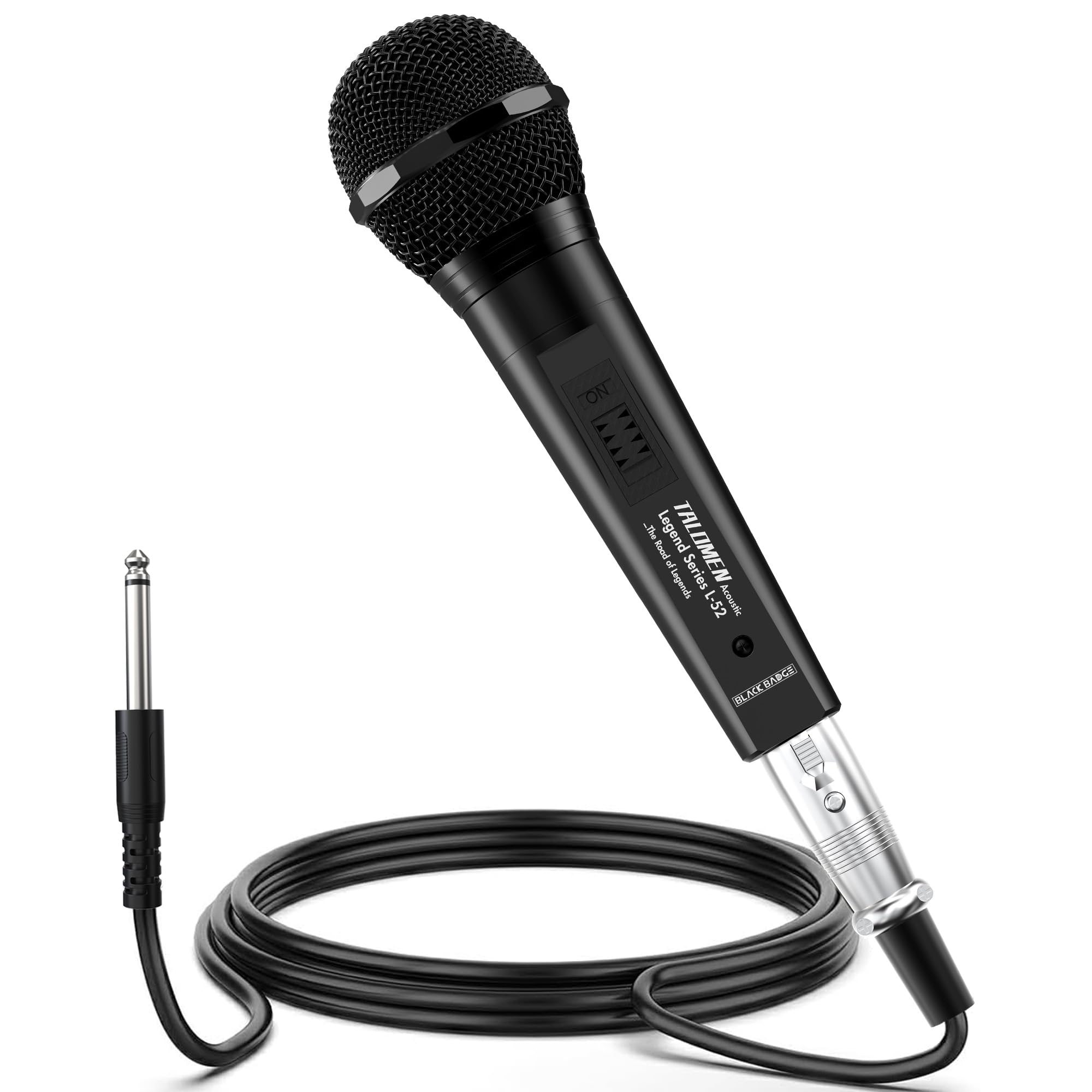 Wired Microphone for Singing, Metal Female, ON/Off Switch, Professional Vocal Dynamic Mic with 20ft & 6.5ft XLR Audio Cable, Cardioid Studio Microfono for Podcasting and Recording, Black-L52