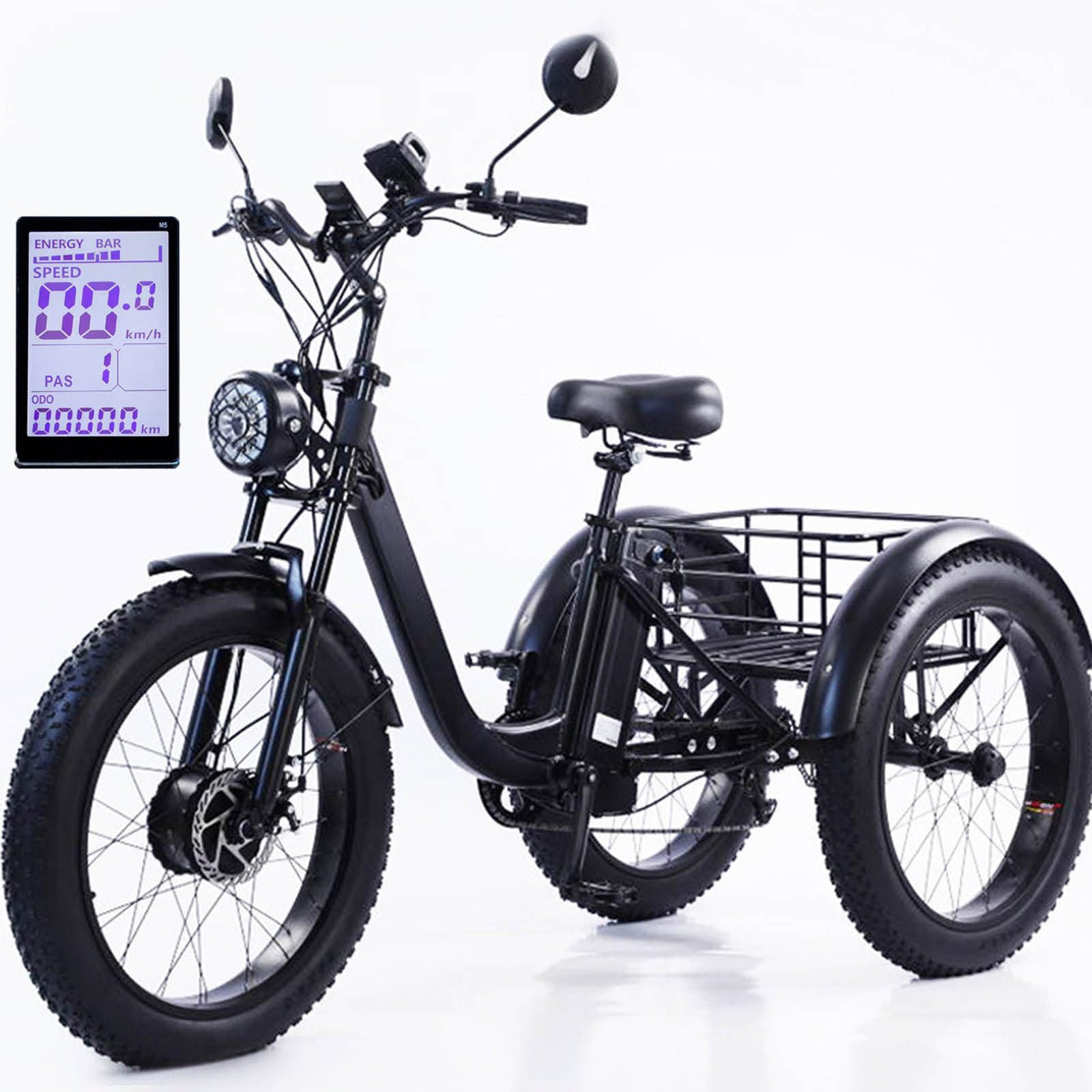 VéLo éLectrique à Gros Pneus De 24 Pouces,Tricycle Cargo éLectrique à Trois Roues 48 V pour Adultes Et Personnes âGéEs, avec Batterie Amovible,éCran LCD Intelligent,3 Modes De Conduite Black