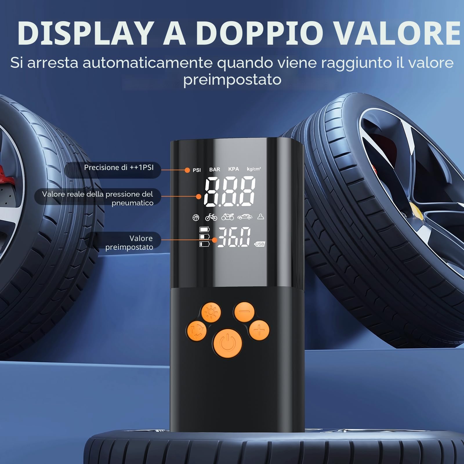 EVARY Compressore Aria Portatile 10000mAh,Portable Electric Air Compressor 150PSI con 5 Modalità, Schermo LCD Digitale e Torcia LED, Pompa Elettrica per Bicicletta, Auto, Moto, Monopattino, Palloni
