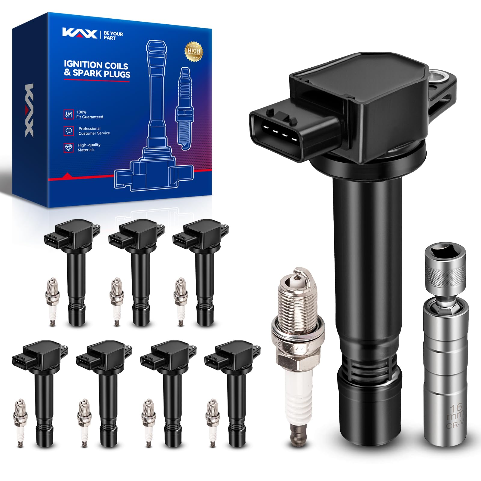 KAX 8 Ignition Coils &amp; 8 Spark Plugs Set for Volvo XC90 2005-2011 4.4L