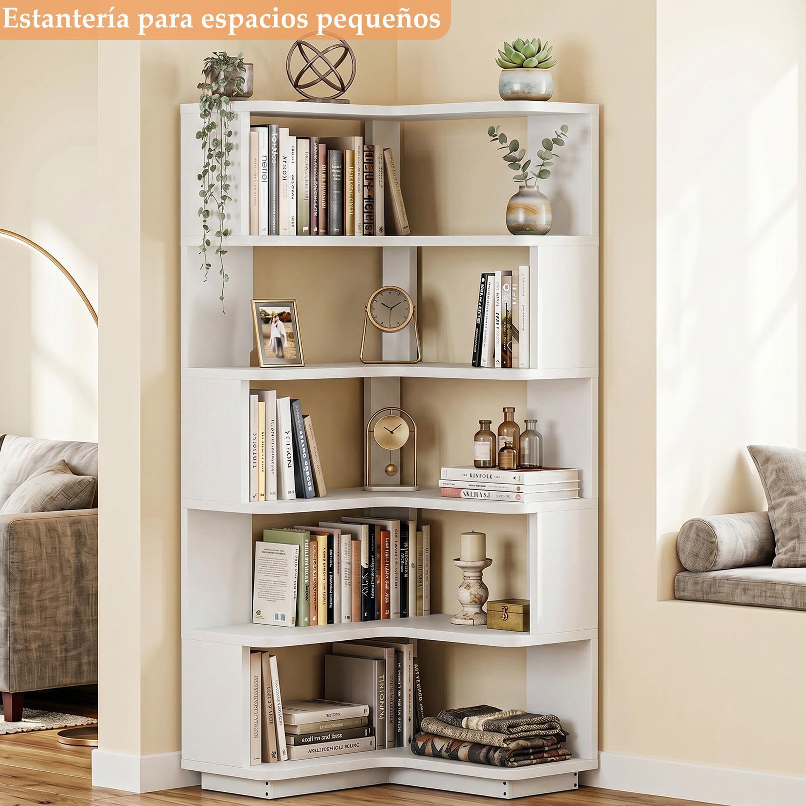 Homieasy Estantería Esquina de 5 Niveles para Libros, Blanco | 60x60x162cm, Forma L, Independiente con Sujetalibros, Salón y Oficina, Ahorro Espacio, Madera MDF