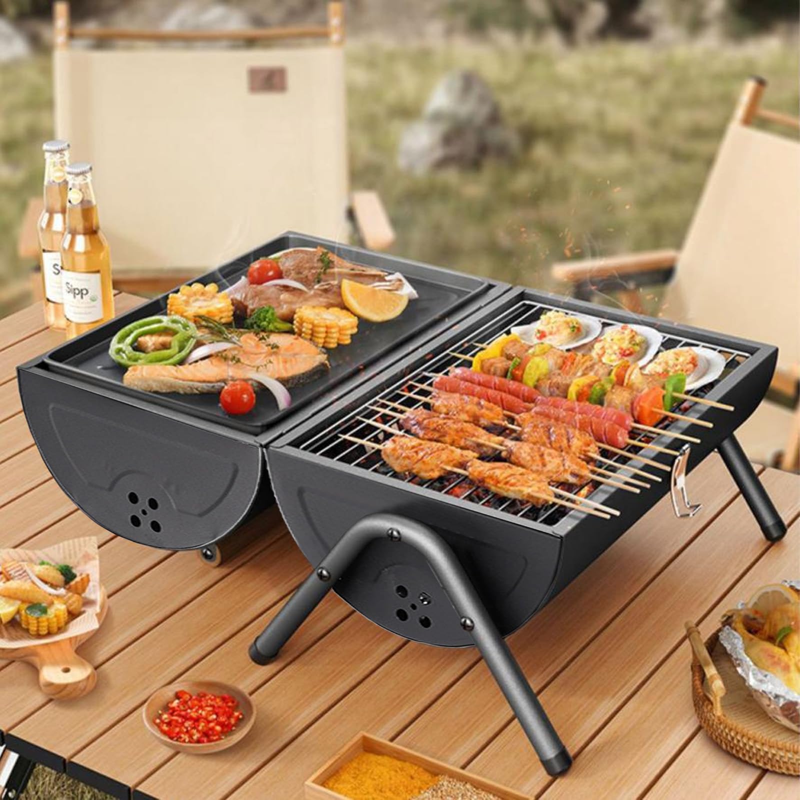 Barbecue A Carbonella Portatile Doppia Faccia - Piccolo, Leggero, Per Campeggio, Picnic, Grigliate Veloci