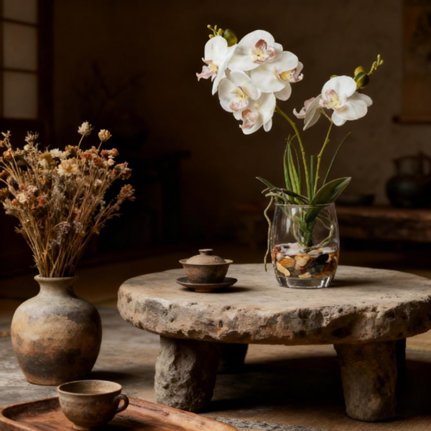 Jusdreen White Orchid Centerpiece in Glass Vase, 14.5 Inch Artificial Phalaenopsis with Potting for Home Office Decor, Table Centerpiece - Image 6