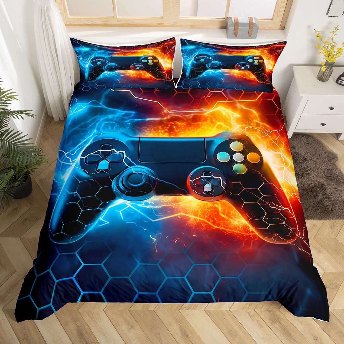 Homemissing Spieler Bettbezug Set Gaming Bettwäsche Set 135x200cm Kinder Jugendliche Gamer Geometrische Waben Bettwäsche Spiel Dekor Betten Set Orange Blau für Jungen Mädchen