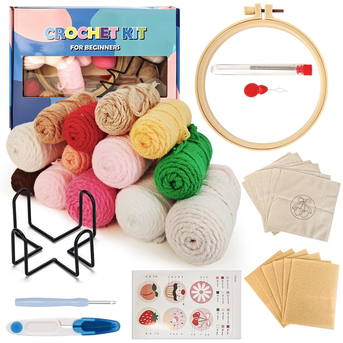 Wapasezyar 6-teiliges Punch Needle Set, Christmas DIY Untersetzer Set Erwachsene, Embroidery Starterset Bastelsachen mit Stickrahmen Holz für Anfänger und Kinder