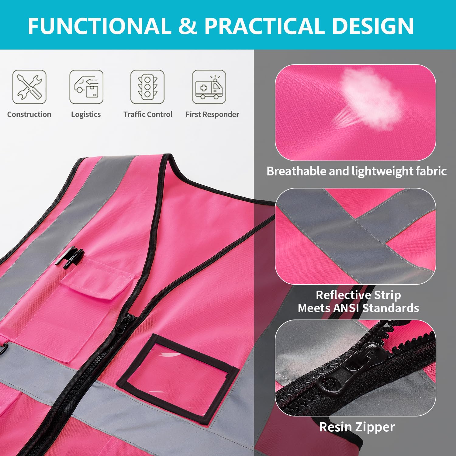 Hi Vis Vests for Men Women 5 Pockets,High Visibility Reflective Safety Security Vest,2-inch Reflective Strip High Visibility Vest,Meets ANSI/ISEA Standards (Pink-Cloth - Image 3