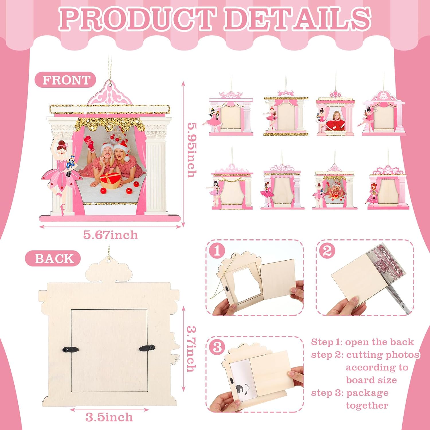 Namalu 8 Pcs Mini Ballet Nutcracker Picture Frames - Wooden Nutcracker Christmas Ornaments Pink Dancer Girl Xmas Hanging Photo Frames for Holiday Presents and Tree Decoration - Image 2