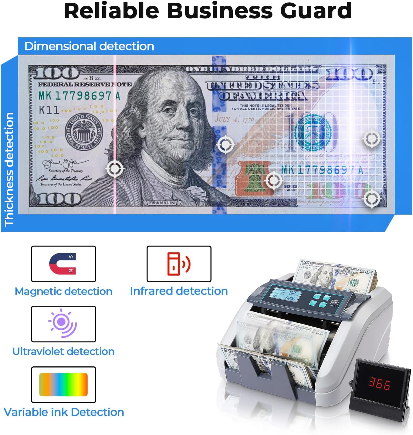 MUNBYN IMC51 Money Counter Machine Count Value, Add+Batch/Add+ Value Mode Bill Counter, UV/MG/IR/MT Detection, USD only Cash Counter,1100 Bills/min, Money Counting Machine with... - Image 4