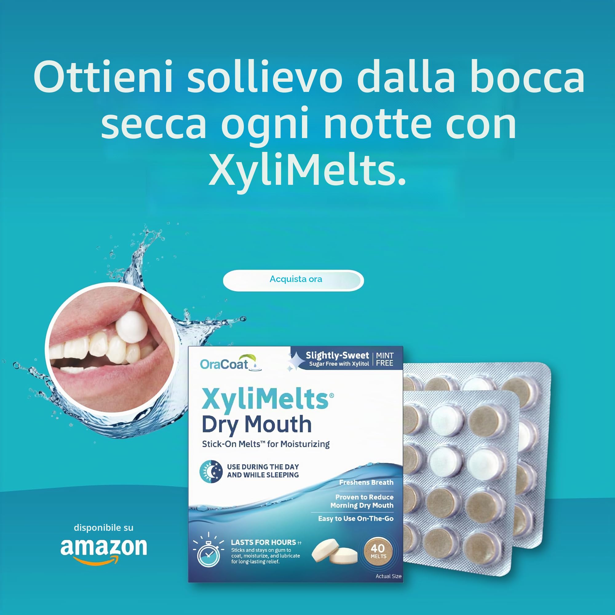 XyliMelts Natura, 80 pezzi, pastiglie adesive contro la secchezza delle fauci notturni, idratano la bocca durante il sonno per 4-8 ore, con xilitolo: sapore leggermente dolciastro, contro la bocca