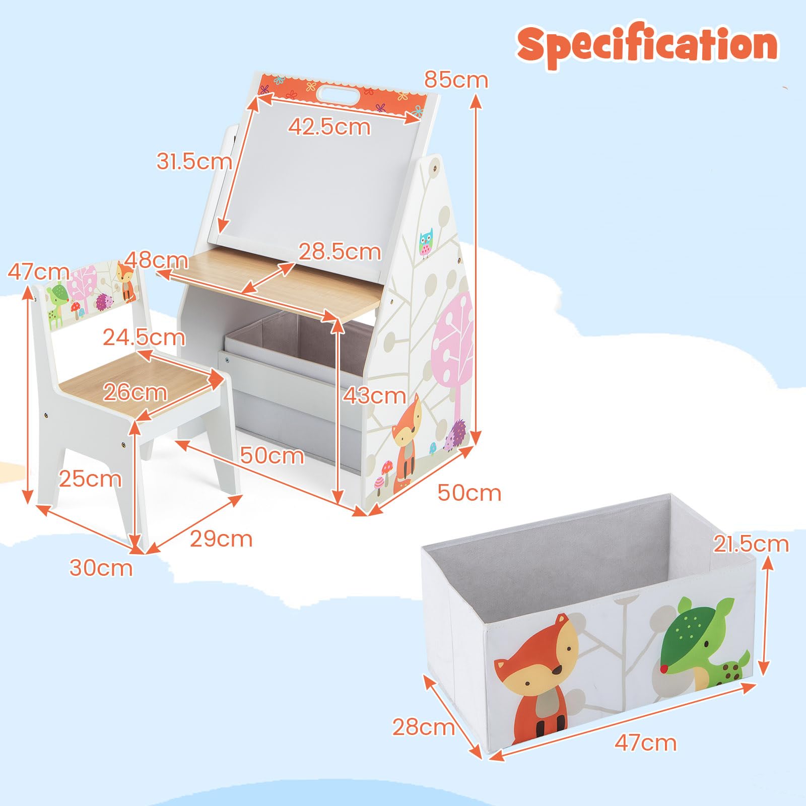 LIFEZEAL Tavolino Bambini con Sedie, Tavolino con Libreria, Lavagna Doppio Faccia e Contenitore Pieghevole per Giochi, Tavolo Multiattivita e Sedia per Cameretta, Tavolo per Bimbi 3-6 Anni (bianco)
