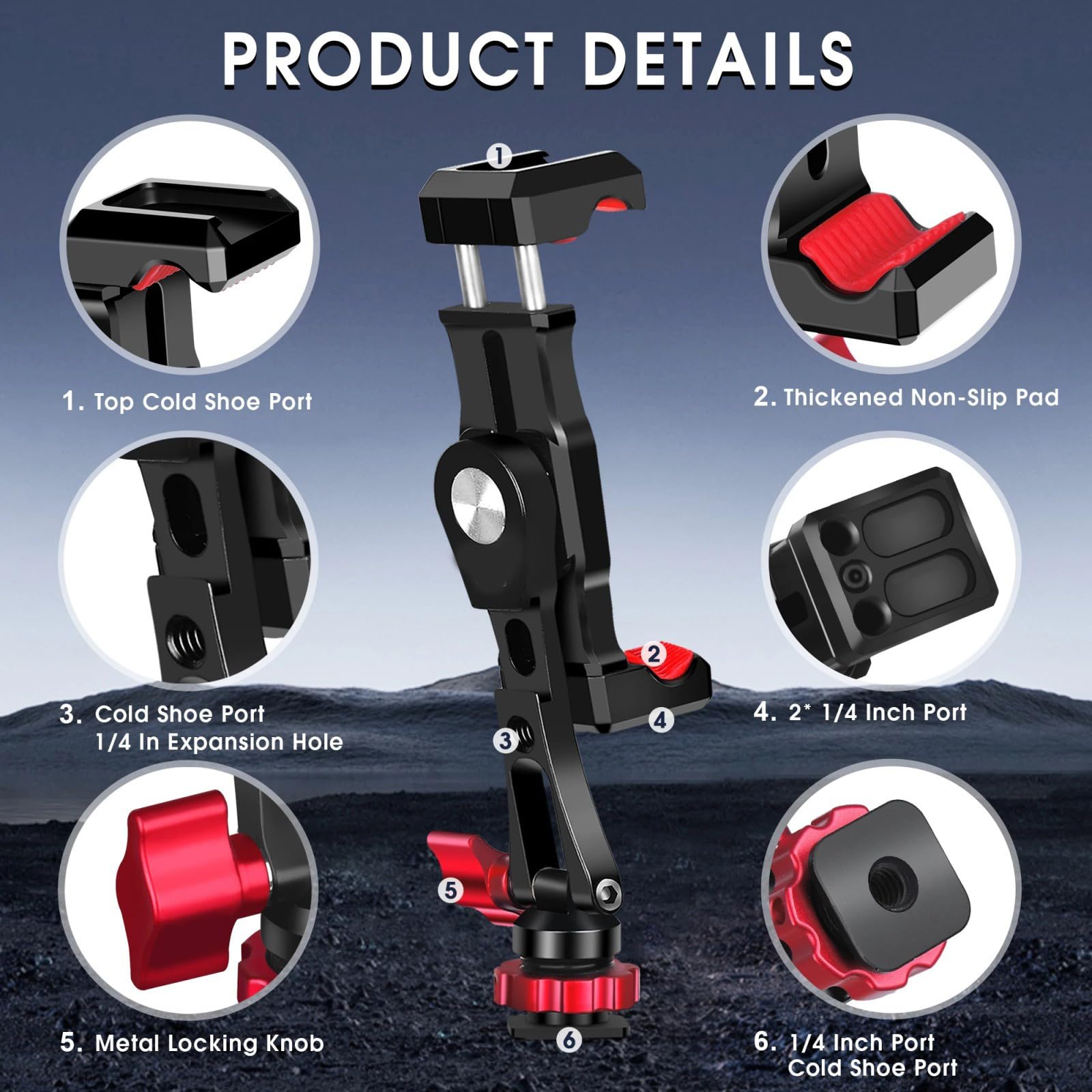 Soporte de trípode para teléfono, doble zapata de 1/4 pulgadas para teléfonos móviles, rotación de 360 grados para trípodes, soporte de cámara para teléfonos