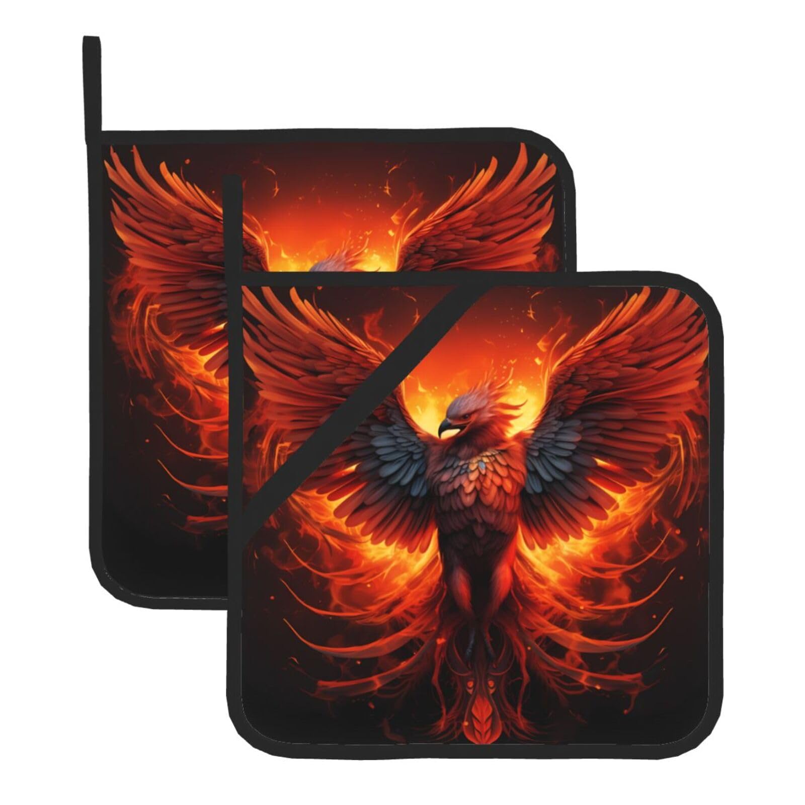 Hjfczh Black Orange Red Phoenix Prints Square Hot Pads Set Of 2 - Waterproof Kitchen Covers For Pots & Pans, Heat Resistant Layers With Hanging Loop - Great For Oven & Bbq