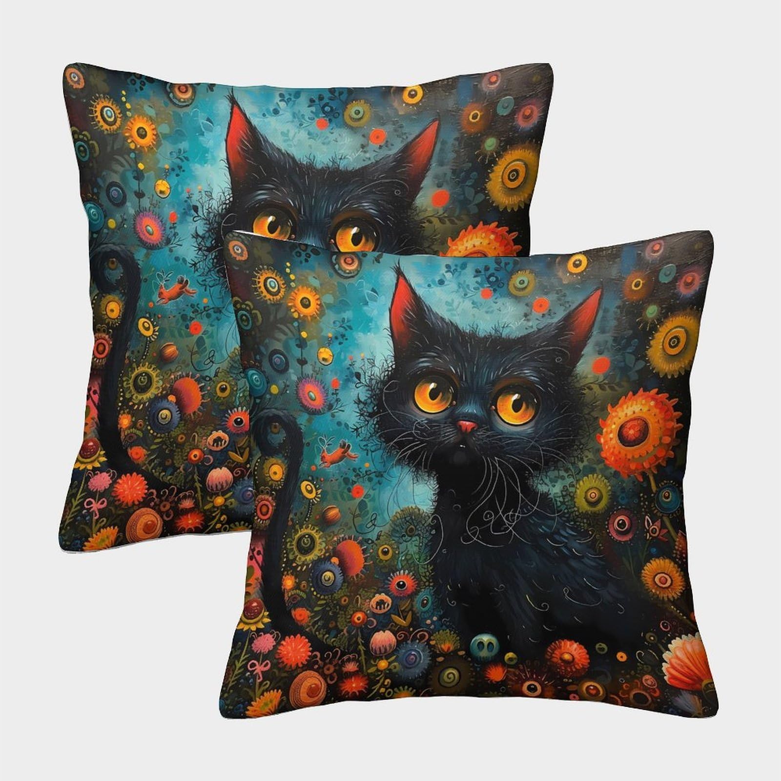 QFVANSIYO 3D Printed Artistic Cat Pillowcase Microfiber Bedroom Decor Black Cat Design Pillow Cover Adults Teens Breathable 40x40cm