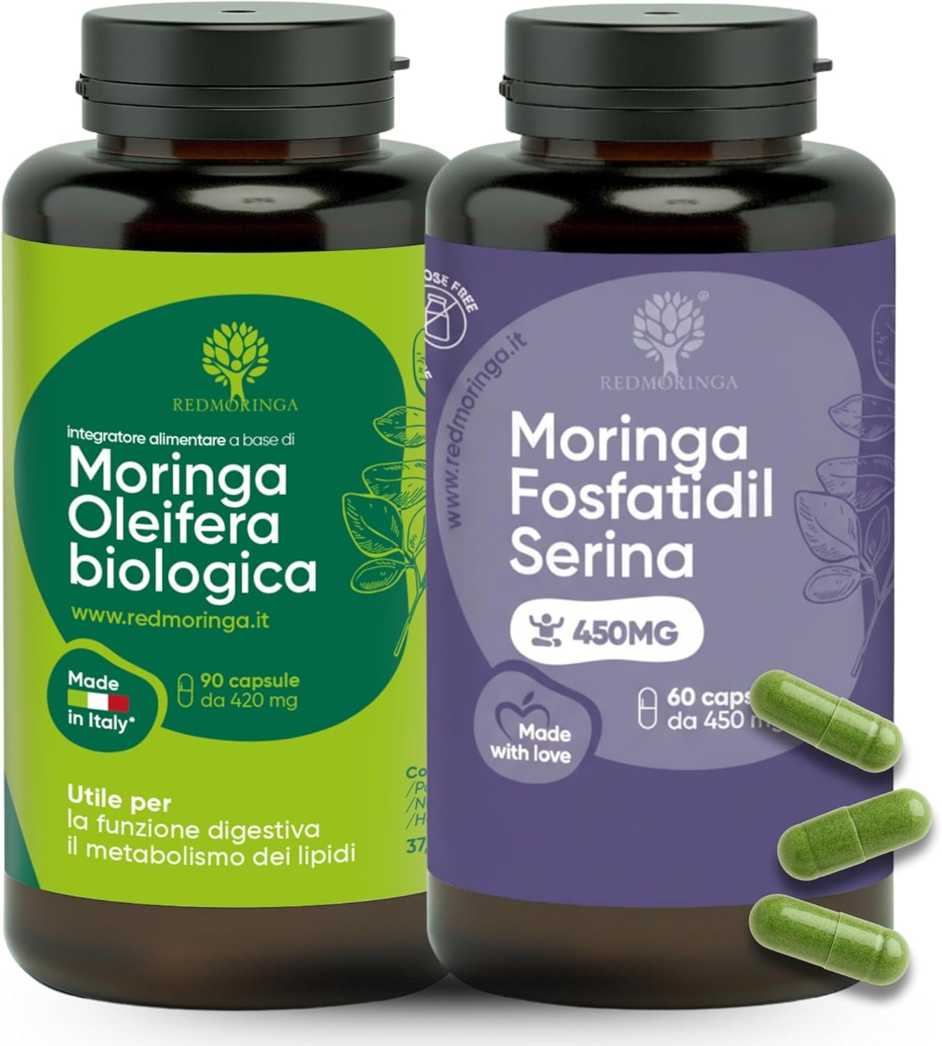 LOW CORTISOLO – Phosphatidylserine 450 mg + Moringa Oleifera ORGANIC | To Lower Cortisol, Stress Belly | Memory and Concentration Supplement | 150 Vegetable Capsules Made in Italy | RedMoringa