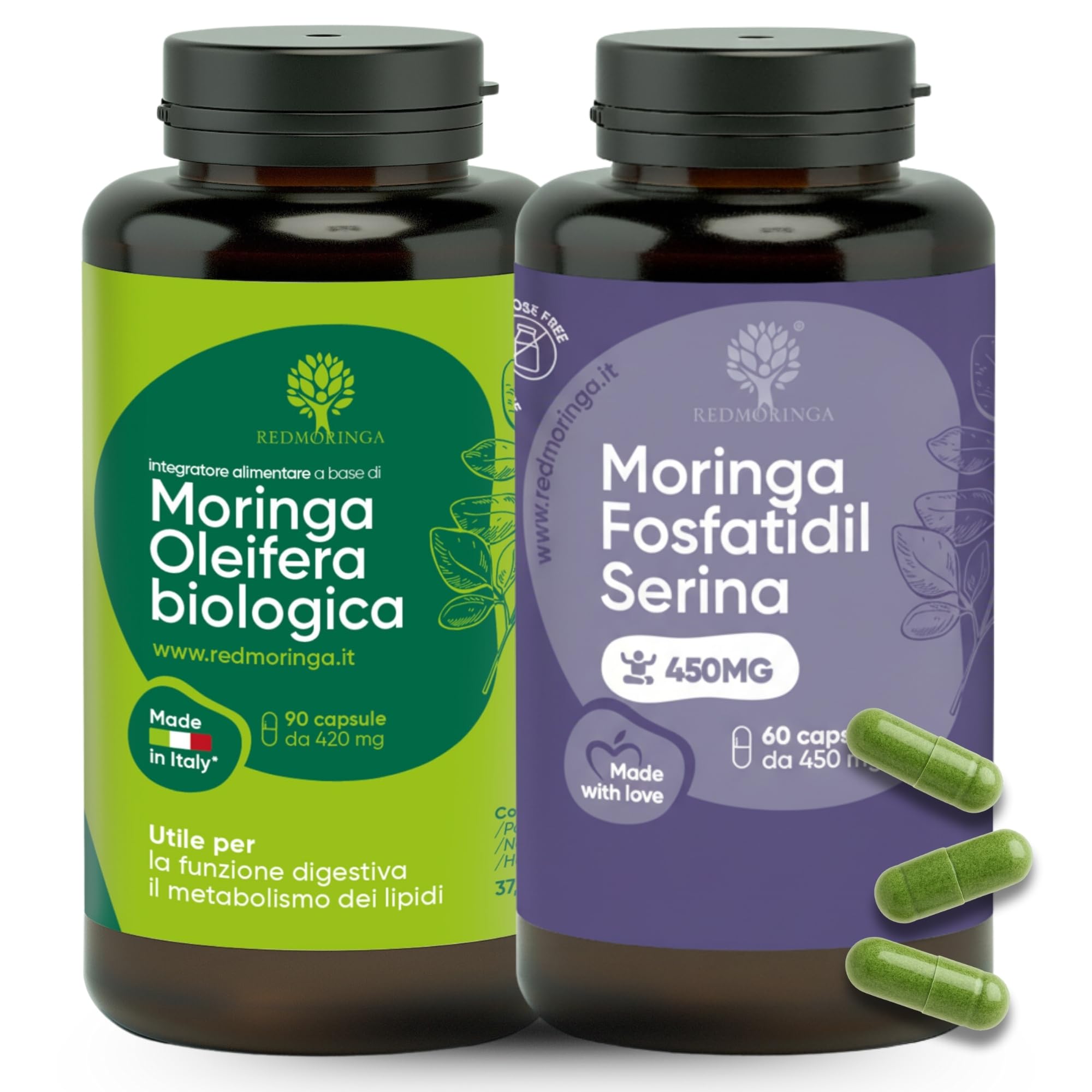 LOW CORTISOLO – Phosphatidylsérine 450 mg + Moringa Oleifera BIO | Pour abaisser le cortisol, ventre de stress | Complément mémoire et concentration | 150 gélules végétales Made in Italy | RedMoringa