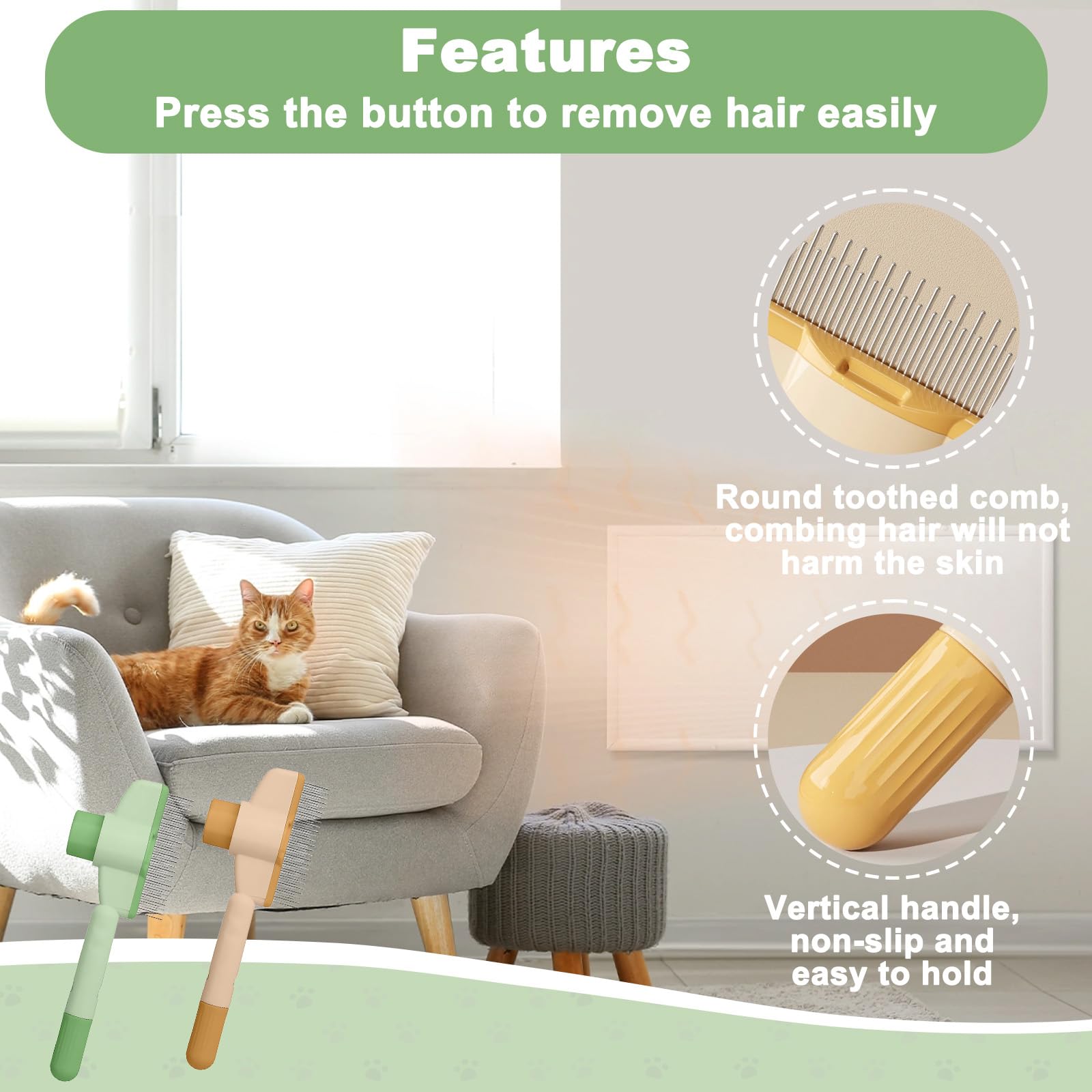 2Pcs Cat Comb with Release Button, Long & Short Stainless Steel Metal Teeth Flea Combs - Image 3