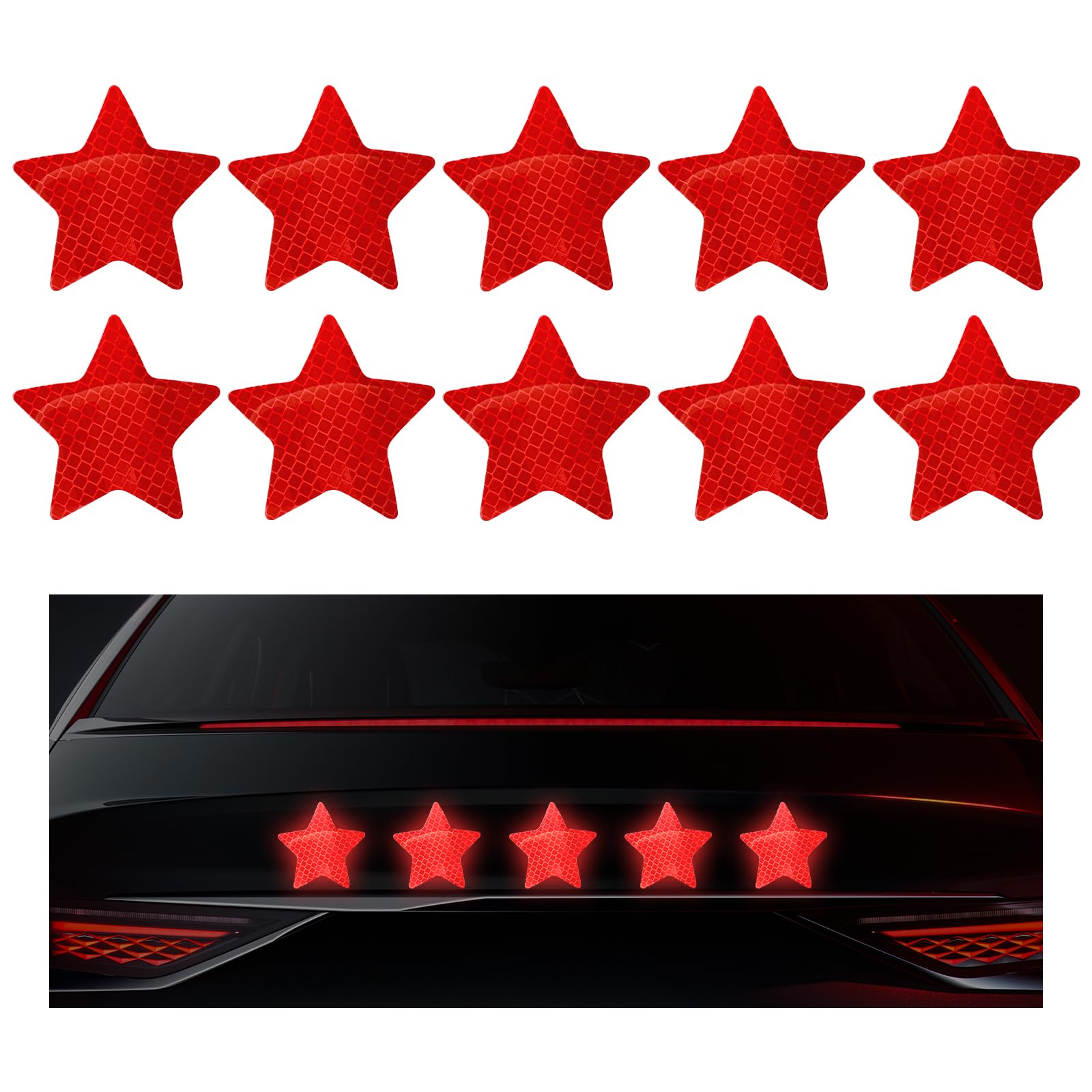 10PCS Vinyl Decal for Cars, High Intensity Reflective Sticker Night Safety Sign Bumper Decals, Waterproof Grid Vinyl Stickers Scratch Cover for Auto Window Laptop (Star, Red)