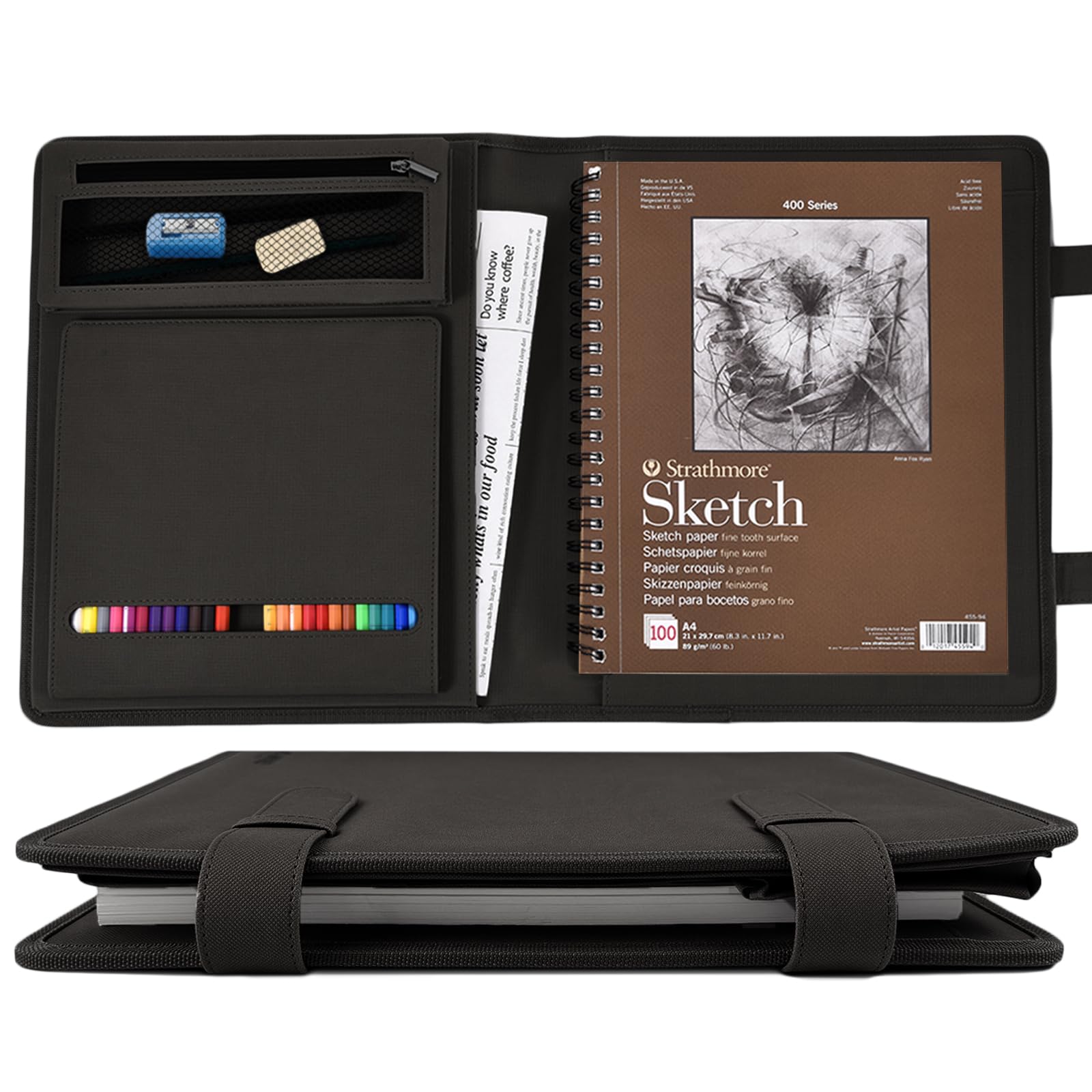 Housse de carnet de croquis pour voyage avec porte-crayon – Carnet de croquis de 22,9 x 30,5 cm et bloc à spirale de 22,9 x 30,5 cm | Rangement de fournitures artistiques pour stylos à dessin
