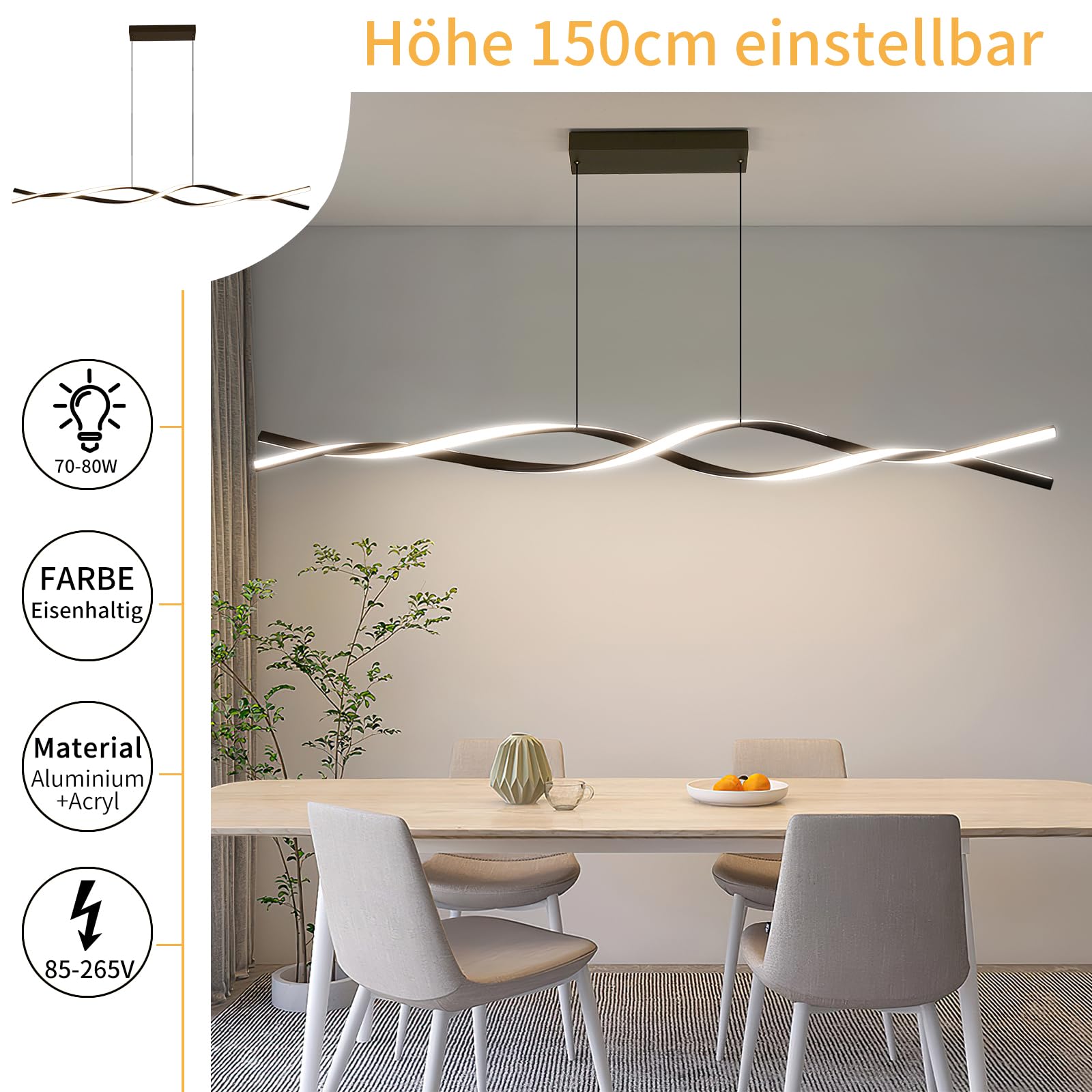 Mikeru 150CM Luce a Pendente Onda, Luce a Onda Isola Nera Moderna 3000K/4500K/6500K 3 Colori 10%-100% Dimmerabile Lampadario Lineare Regolabile con Lunghezza del Cavo Regolabile per Soggiorno