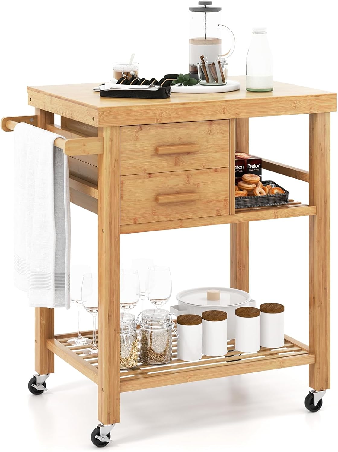 LOKO Bamboo Rolling Kitchen Island Cart, Butcher Block Food Kitchen Prepping Cart on