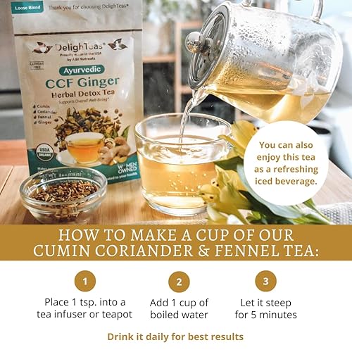 Miniatura 8 de DelighTeas Té de jengibre orgánico CCF con tetera de vidrio | Comino ayurvédico, cilantro, hinojo, té de hojas sueltas de jengibre para la digestión