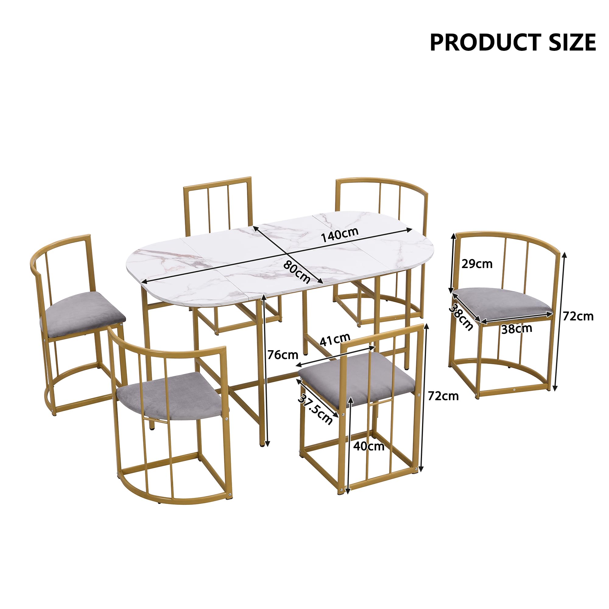 Set da pranzo da 7 pezzi, tavolo da pranzo con 6 sedie da pranzo, moderno tavolo da pranzo con tavolo ovale, set da pranzo con grigio imbottito e telaio in ferro dorato (oro)