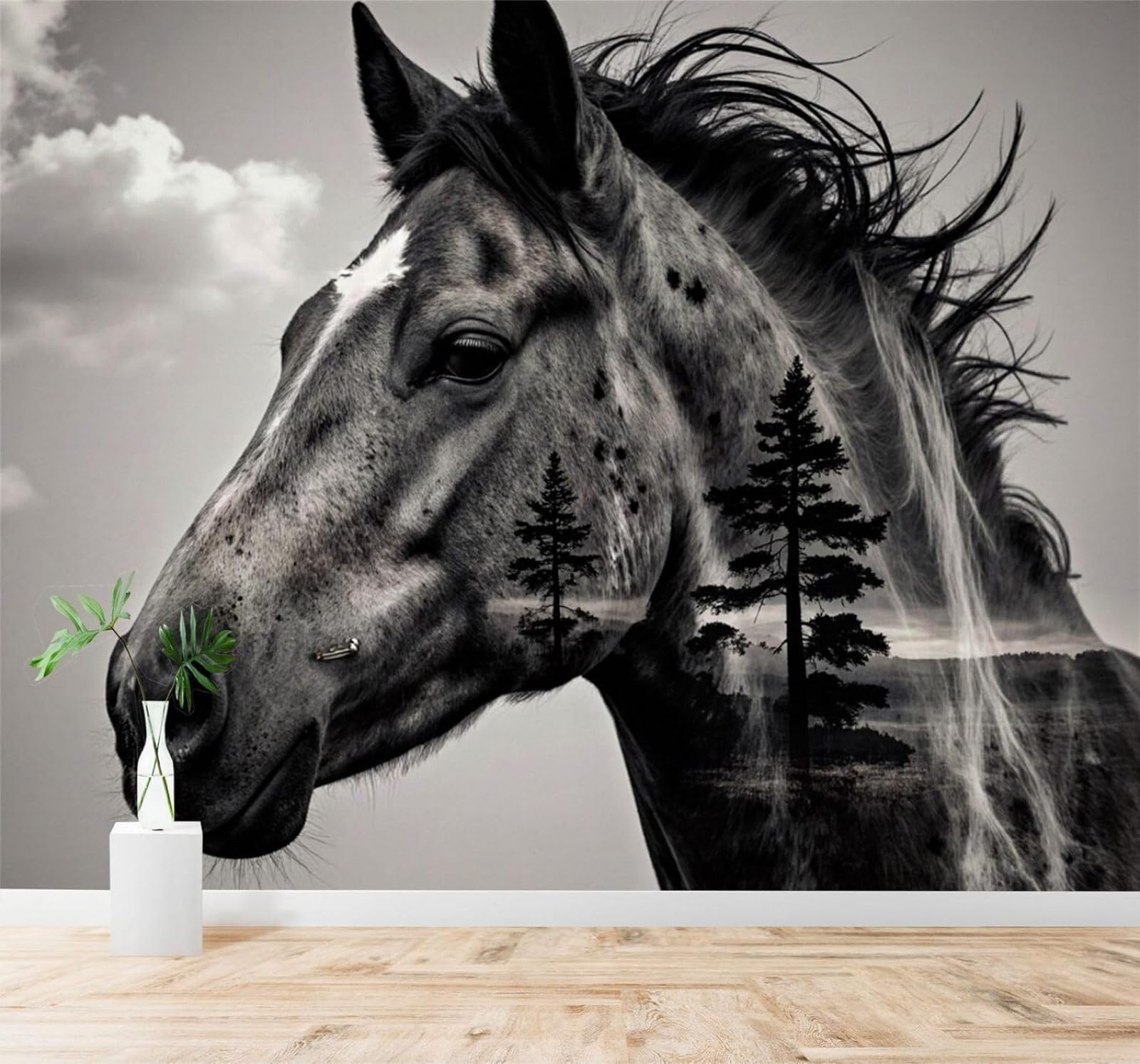 Tzxztt 200Cm×140Cm(B×H) Black And White Horses Clouds Forest Landscape Modern 3D Wallpaper Premium Textured Silk Neutral Tones Material Ideal For Living Room Bedroom-200Cm×140Cm