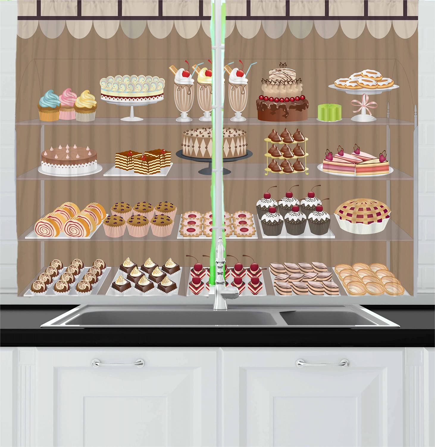 Ambesonne Dessert Kitchen Curtains, Illustration of Bakery Shop Window Displaying Apple Pies Milkshakes Cakes, Window Drapes 2 Panel Set for Kitchen Cafe Decor, 55" X 39", Beige Coffee