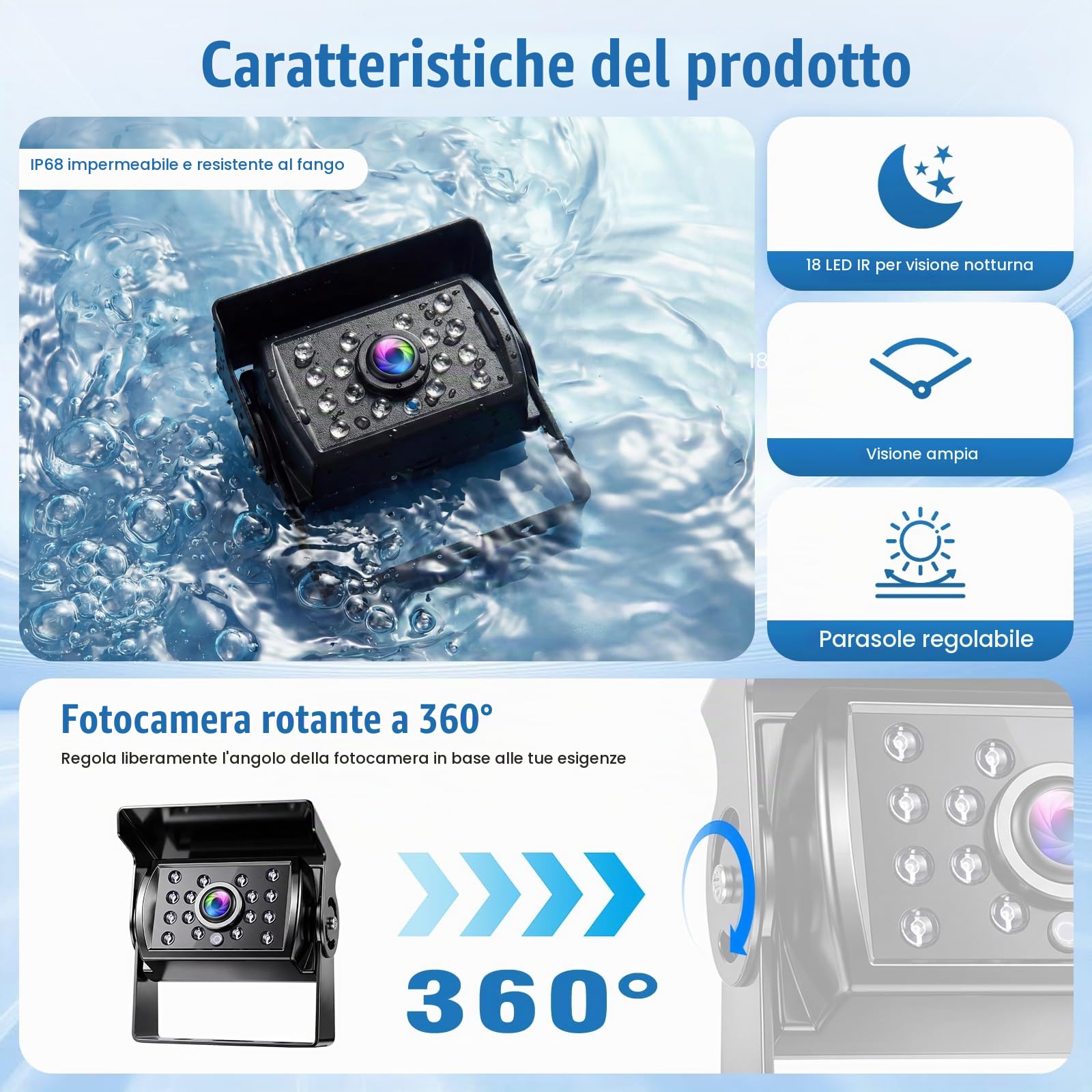 Kit Telecamera di Retromarcia con Monitor da 7" per Veicoli, 2 Telecamere di Retromarcia, Impermeabile IP68, Visione Notturna a 18 IR, Cavo di Assistenza al Parcheggio per Rimorchi/Autobus/Furgoni