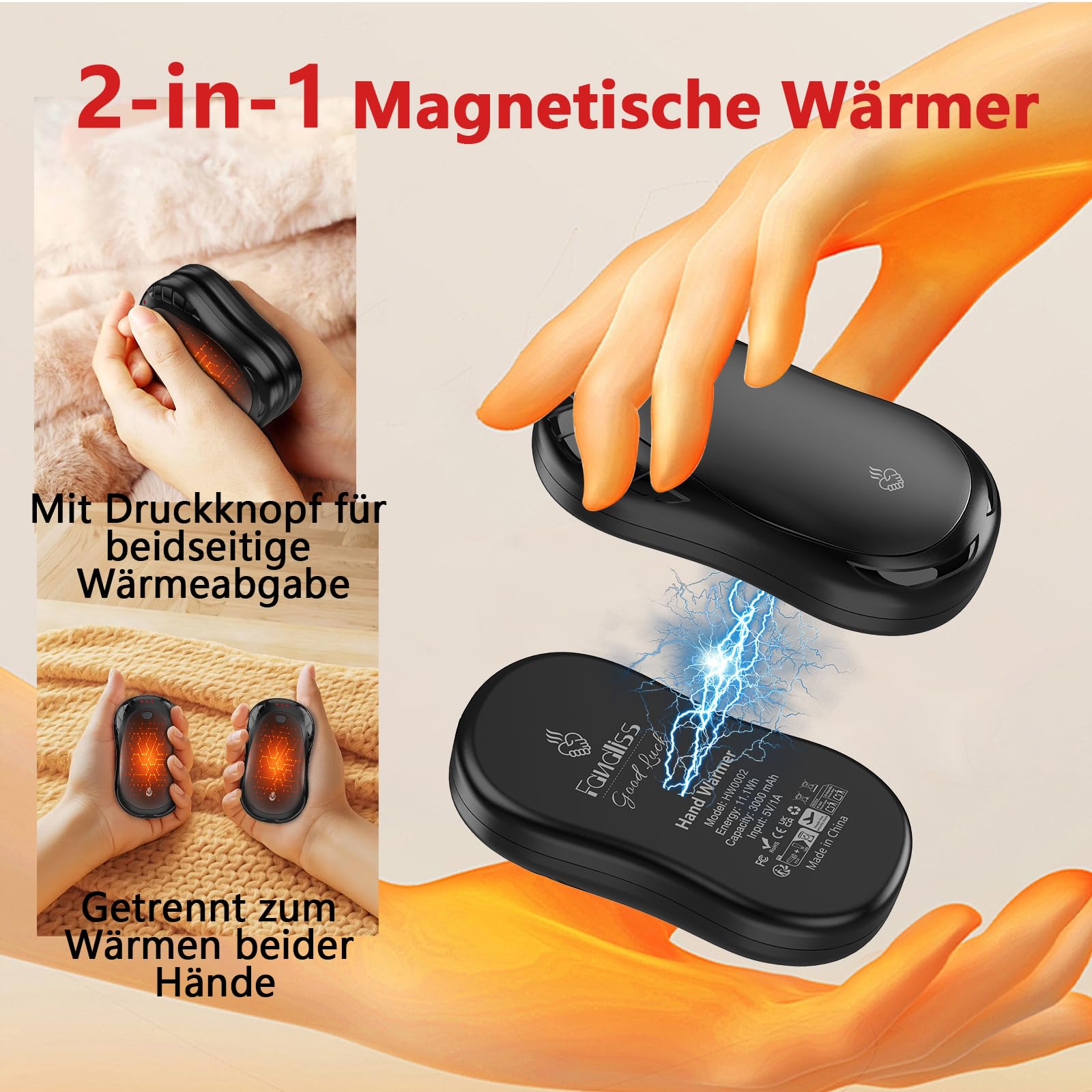 Handwärmer Elektrisch Split 2er-Pack mit USB, 3 Heizmodi Tragbare Elektrischer Taschenwärmer für Outdoor im Winter 6000mAh,Handwärmer Wiederaufladbar für Outdoor Sport