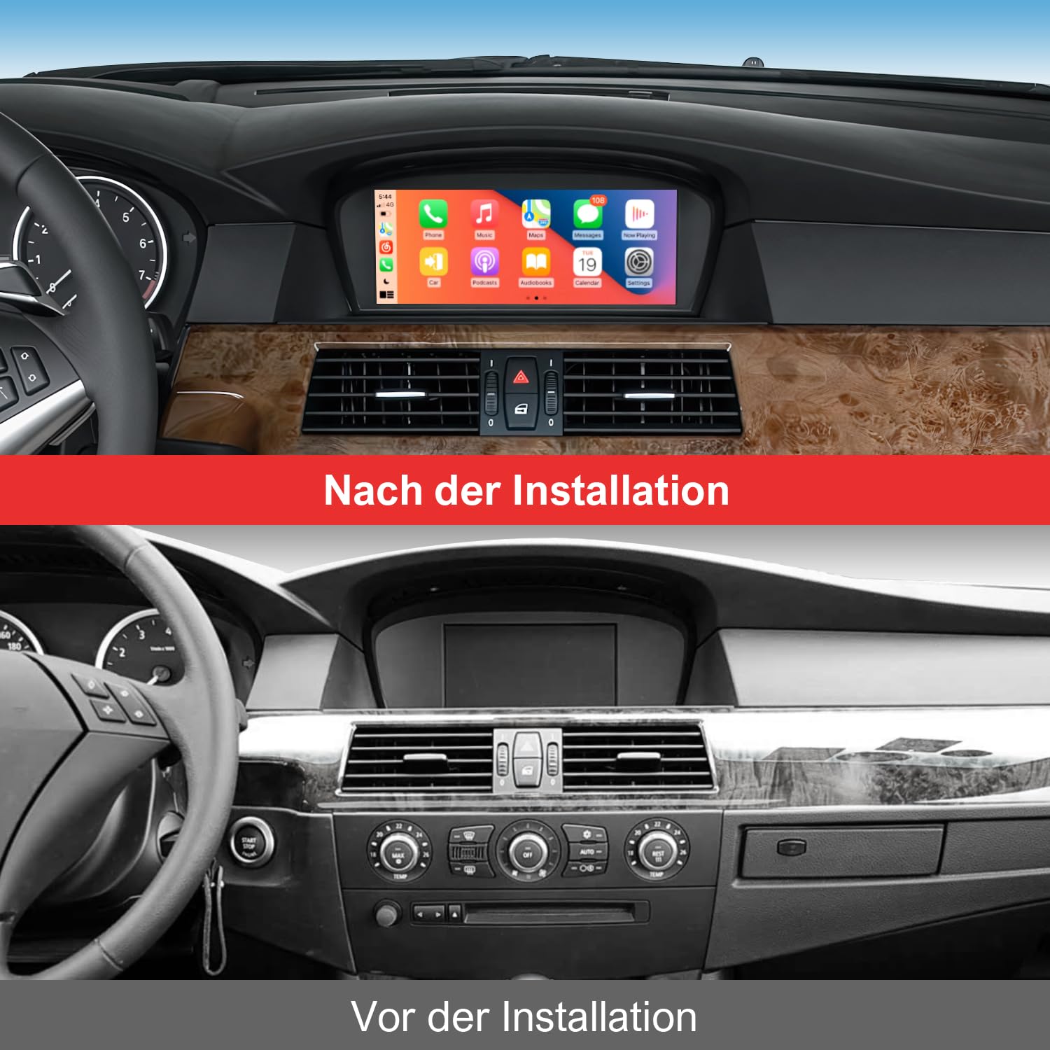 Linux Autoradio für BMW 3er 5er CCC System mit CarPlay & Android Auto | 8,8 Zoll, E90 E91 E92 E93 E60 E61 (2003-2008) Plug & Play, erhält Original iDrive, Lenkradsteuerung OEM Rückfahrkamera