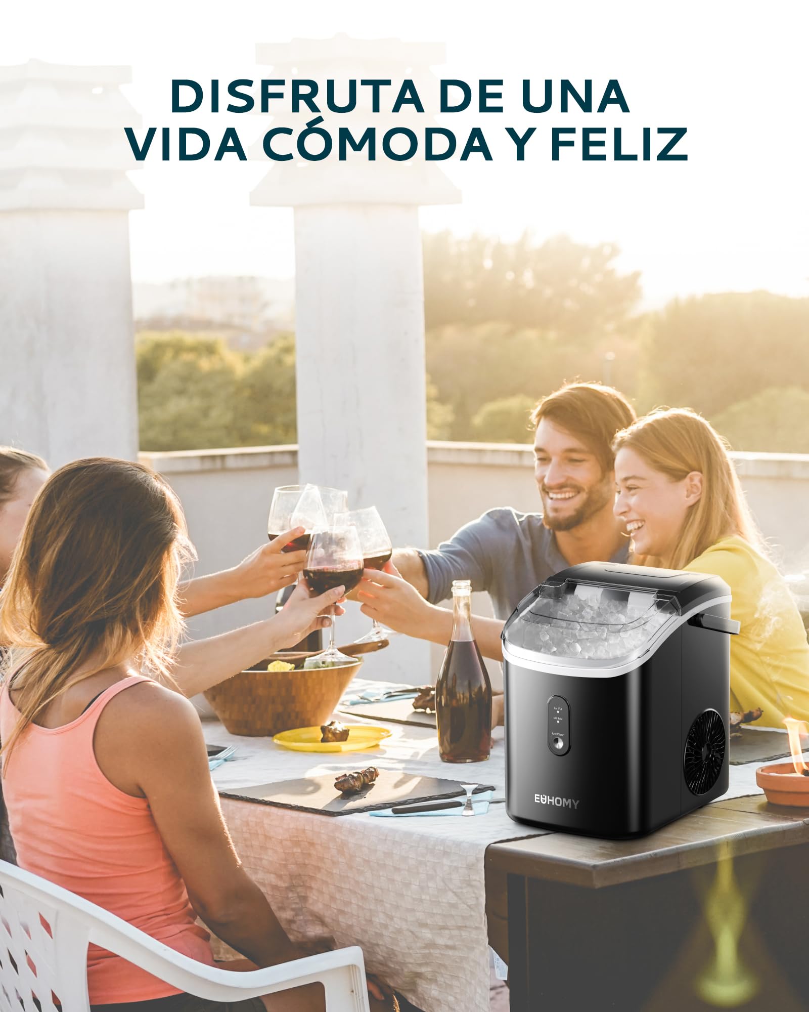 EUHOMY Máquina de cubitos de hielo, 15 kg/24h, fabricación en 6 minutos, máquina de hielo triturada, limpieza automática, 120 W, máquina de cubitos de hielo de mesa, sensor infrarrojo Negra