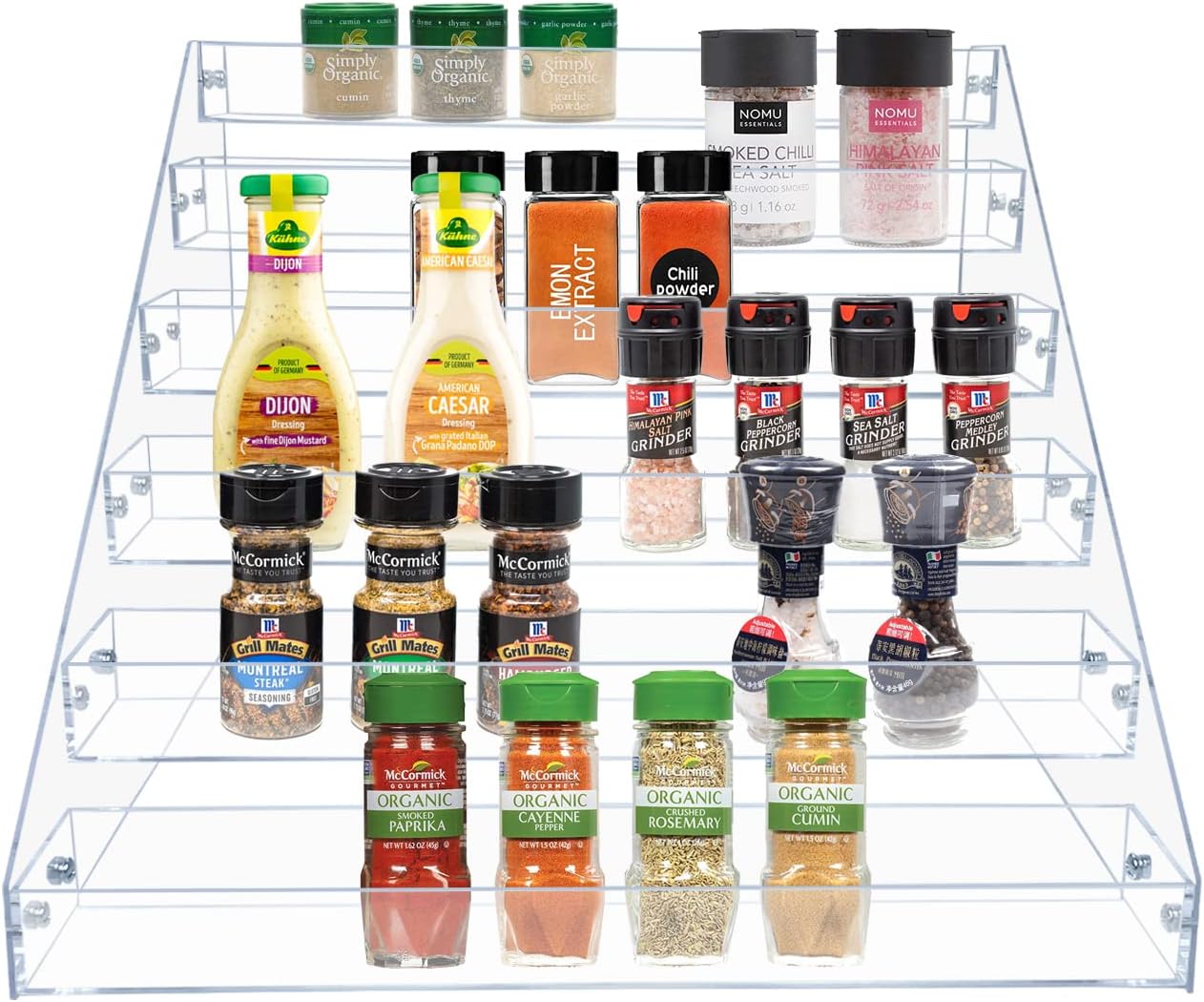 PMMASTO Tiered Spice Rack, Seasoning Organizer, Clear Acrylic Vertical Shelves Can Organizer for Countertop, Cabinet, Pantry, Kitchen Organization & Storage - 6 Tier