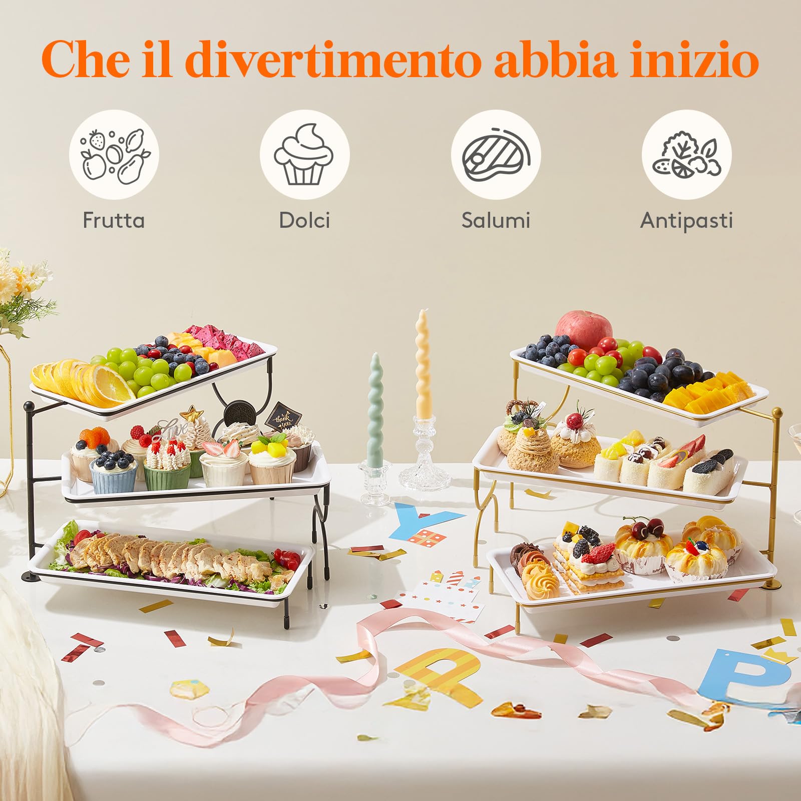 Lifewit Vassoio da Portata 3 Piatti, Vassoio Plastica Rettangolo 36×17cm, Alzate per Buffet Dolci, Portafrutta da Tavolo, Cucina Decorativo, Vassoi e Piatti con Ripiani, Rastrelliera in Metallo Nero