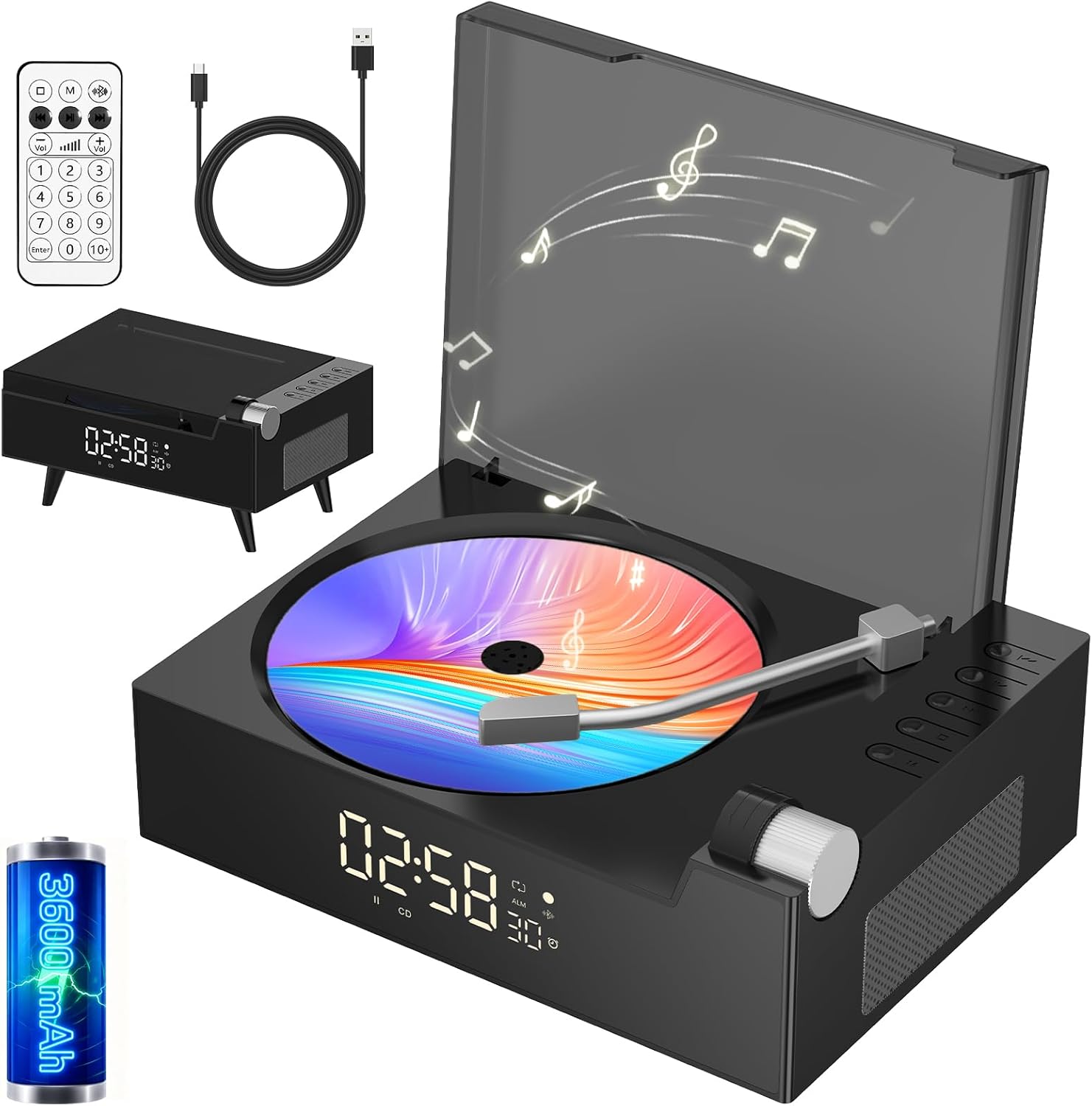 Portable CD Player for Home with Hi-Fi Speaker, Bluetooth Transmitter and Receiver, Timer, LED Display, FM Radio, Built-in Dual Speakers, USB/AUX Support, Headphone Jack (Black)