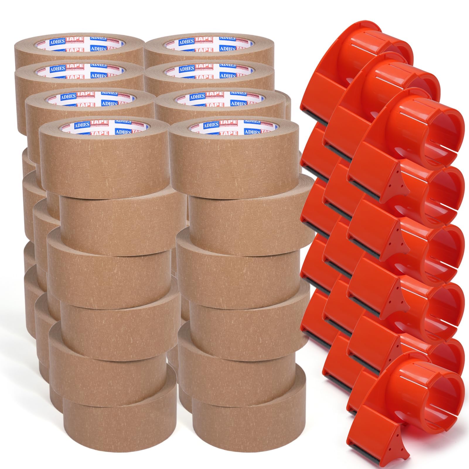 ADHES Kraft Paper Tape with Cutter, Biodegradable 50mm x 50m 48 Rolls Kraft Paper Packing Tape Dispenser Eco Friendly, cardboard boxes for transportation and movement for Packaging Use