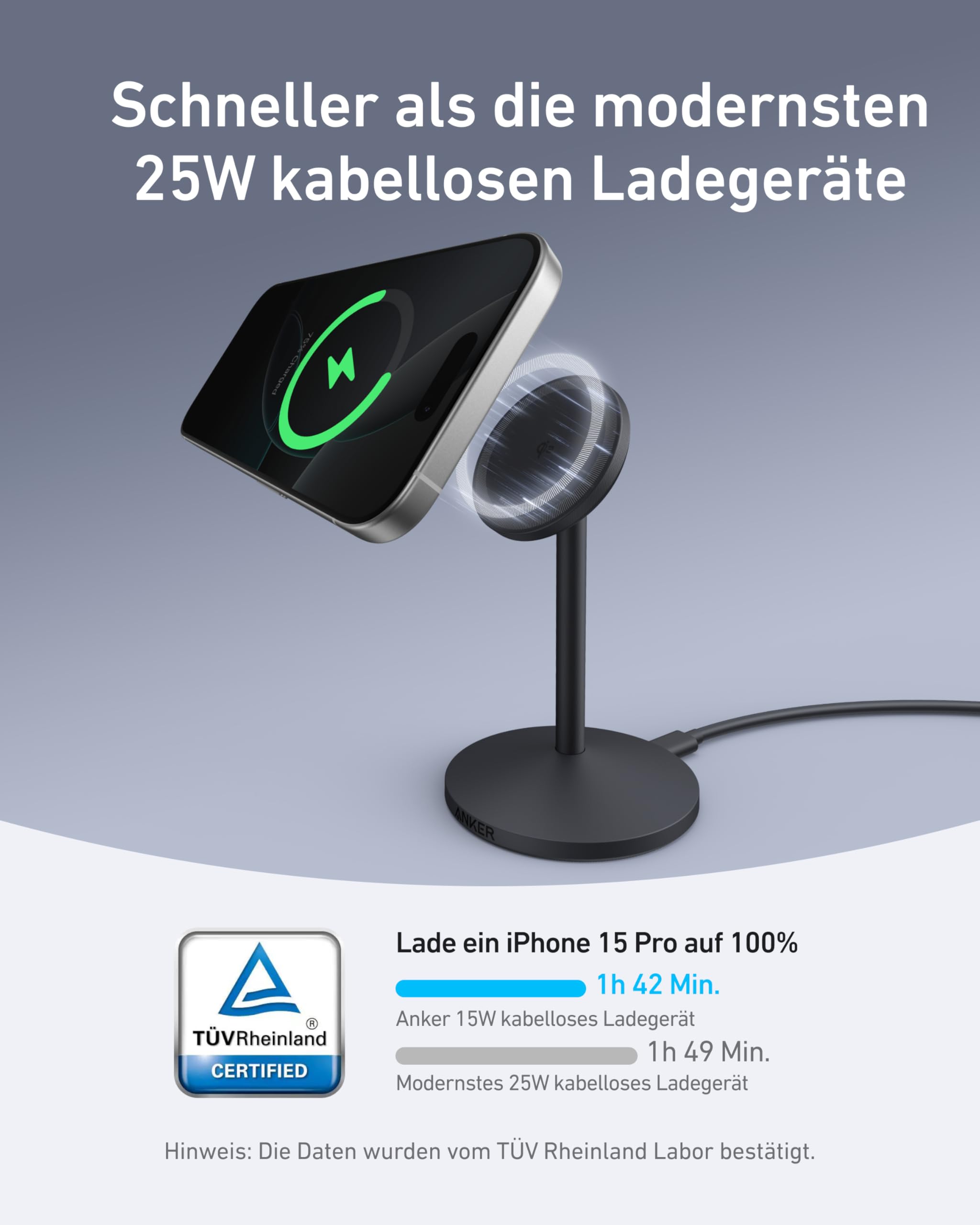 Anker MagGo kabellose Ladestation, 15W Qi2 für MagSafe, Ständer mit USB-C Kabel, Magnetisches Ladegerät für iPhone 17/16/15/14/13/12, AirPods (ohne Netzteil)