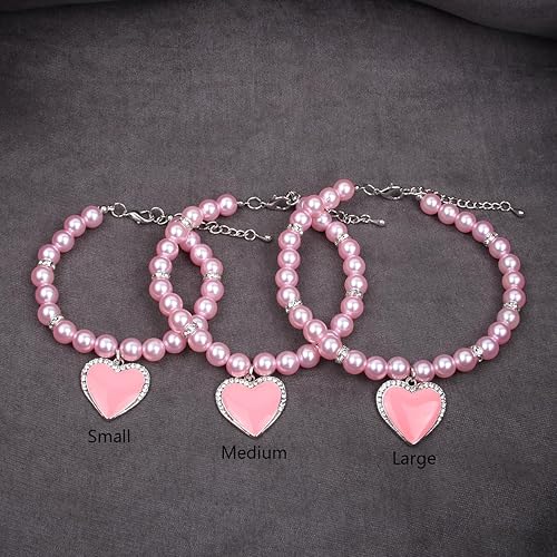 Miniatura 4 de Collar de perlas de perro y gato con diamantes de imitación, dije de corazón con dije de corazón para mascotas y cachorros (S, rosa)
