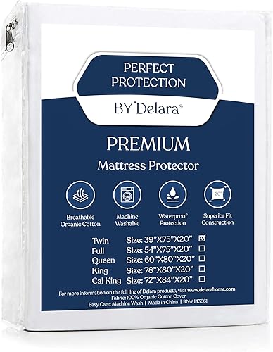 Delara Protector de colchón orgánico impermeable, a prueba de derrames, de algodón orgánico certificado GOTS, tamaño individual, con superficie