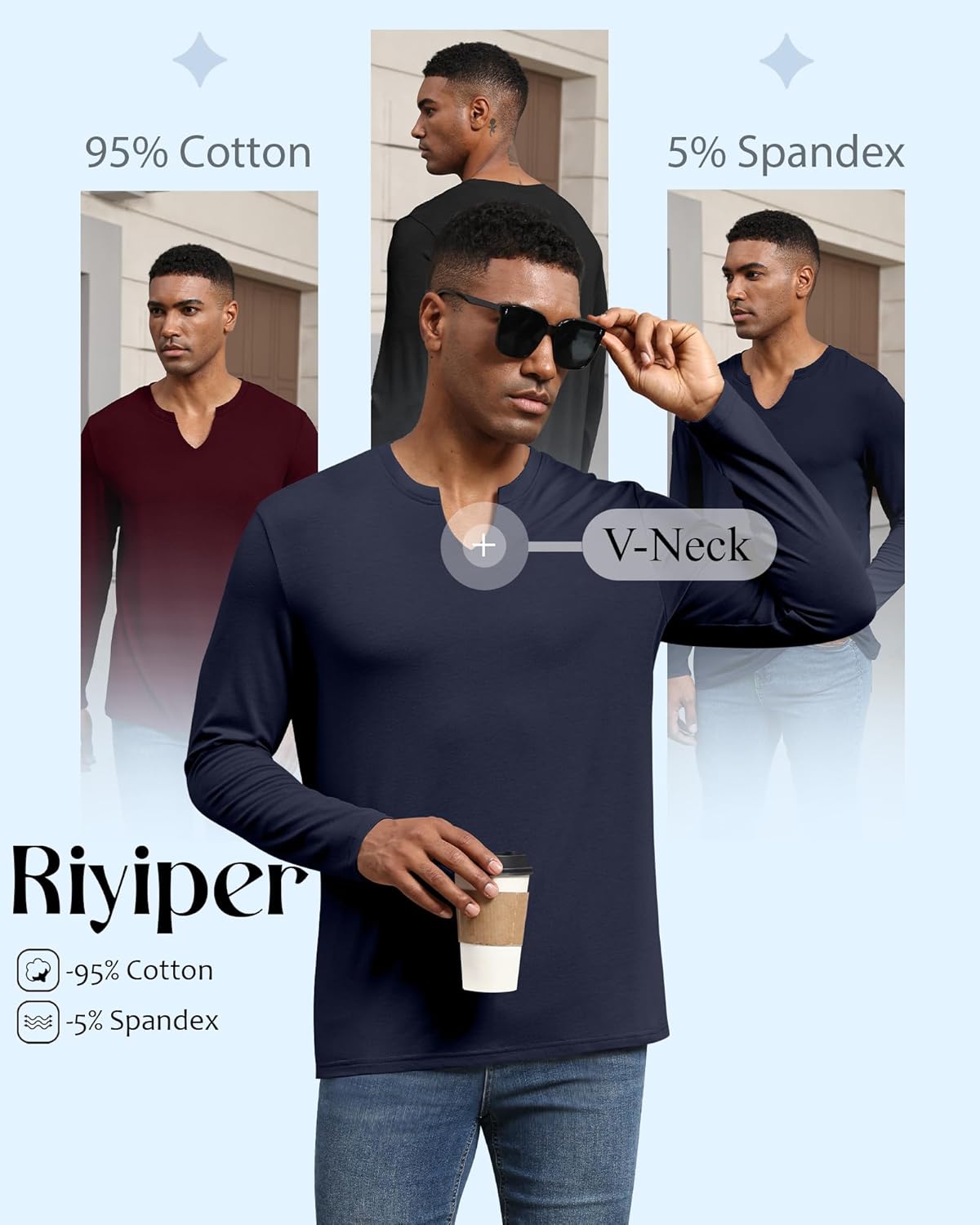Riyiper 3 Pack Men's Long Sleeve T Shirts, V Neck Longline Henley Cotton Shirts Casual Muscle Tee Stretch Athletic Tops - Image 4