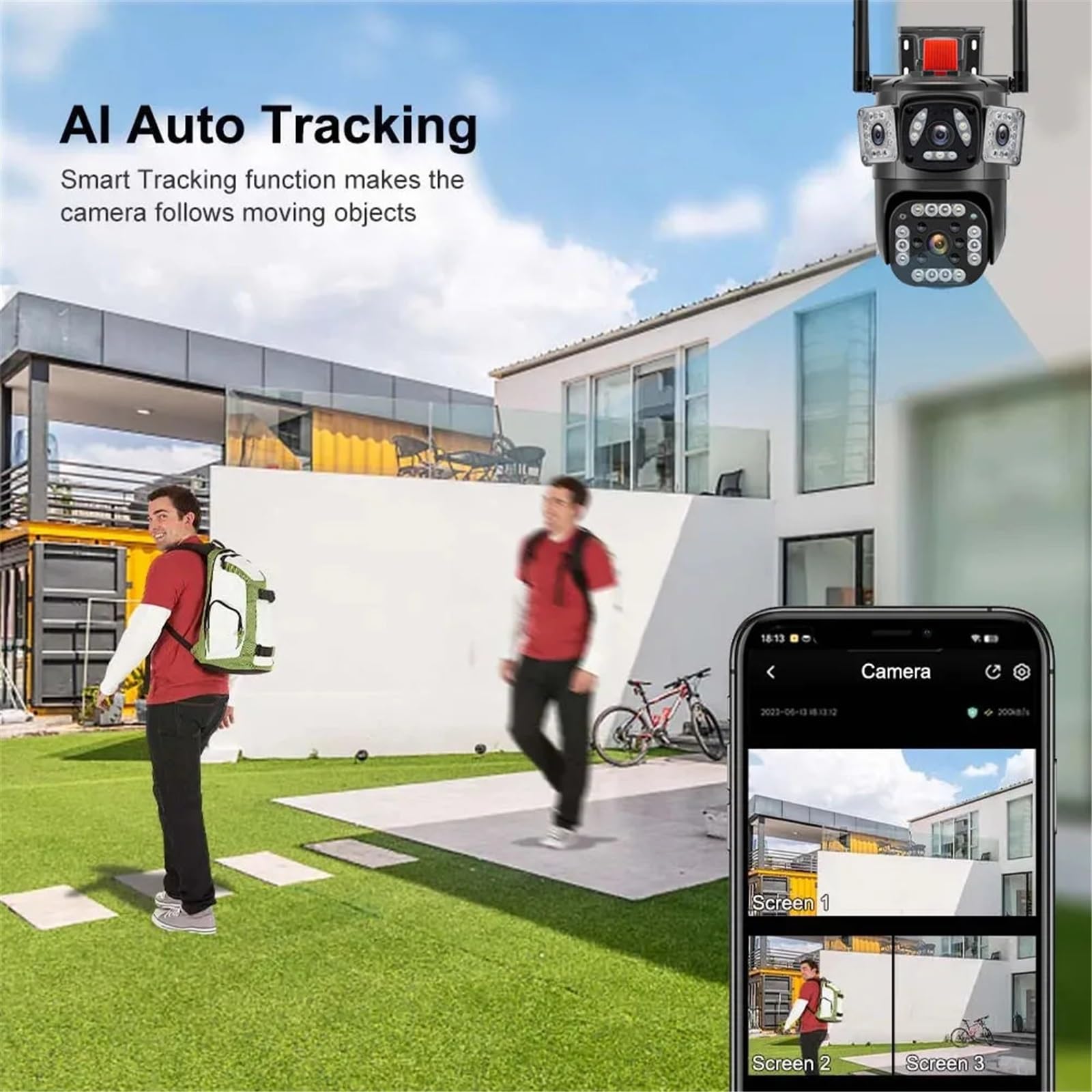 6MP Three Lens PTZ IP Camera With Three Screen Auto Tracking Ai Human Detection Wireless Security CCTV Surveillance Cameras(6MP Camera Add 128G)