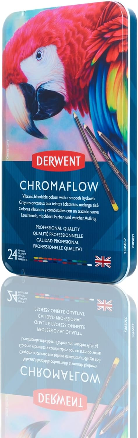 Derwent Chromaflow Colored Pencils Tin, Set of 24, Great for Holiday Gifts, 4mm Wide Core, Multicolor, Smooth Texture, Art Supplies for Drawing, Blending, Sketching, Professional Quality (2305857)