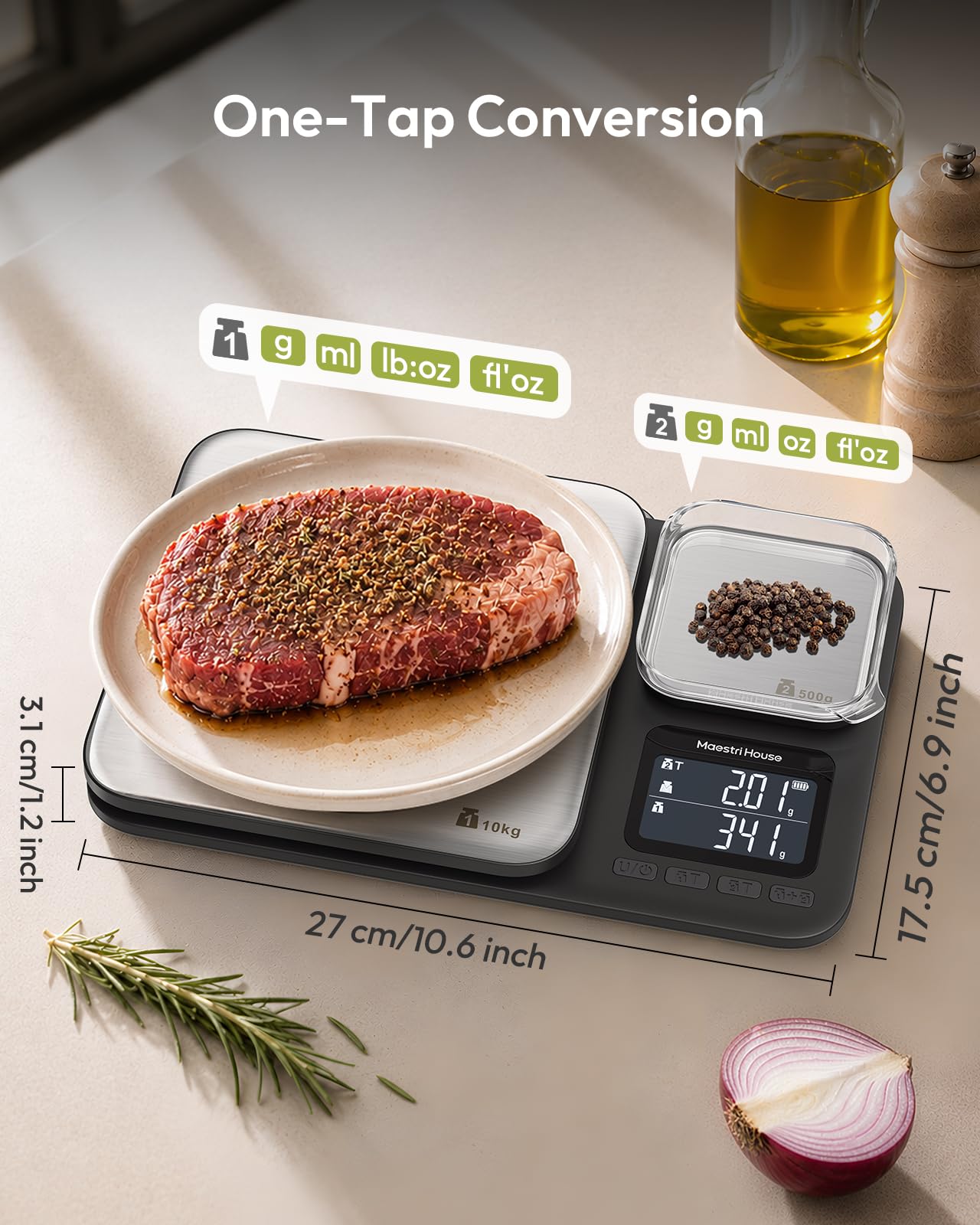 Maestri House Balance de cuisine avec deux plateformes de pesée, haute précision de 0,01 g et capacité totale de 10 kg/1 g, balance alimentaire 2 en 1 en acier inoxydable avec fonction tare et somme