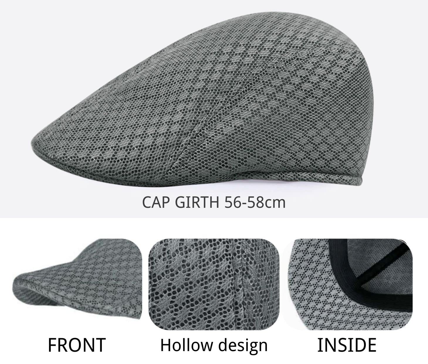 Rayson Czapka z daszkiem oddychająca letnia siateczka czapka golfowa Newsboy -hüte Mesh Flat Enkerbill czapka Casual Cap Hollow Mesh czapka Barette Cap, szary, jeden rozmiar