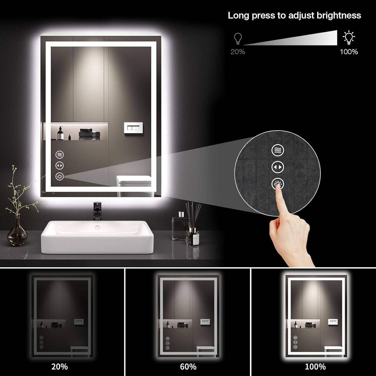 32x24 Inch IP54 Waterproof Bathroom Vanity Mirror Anti Fog LED, Front,Backlit, Touch Control, High Lumen LED with CRI 95 Mirror, Infinitely Dimmable, Adjustable 3000K,4500K,6000K Color Temperatures
