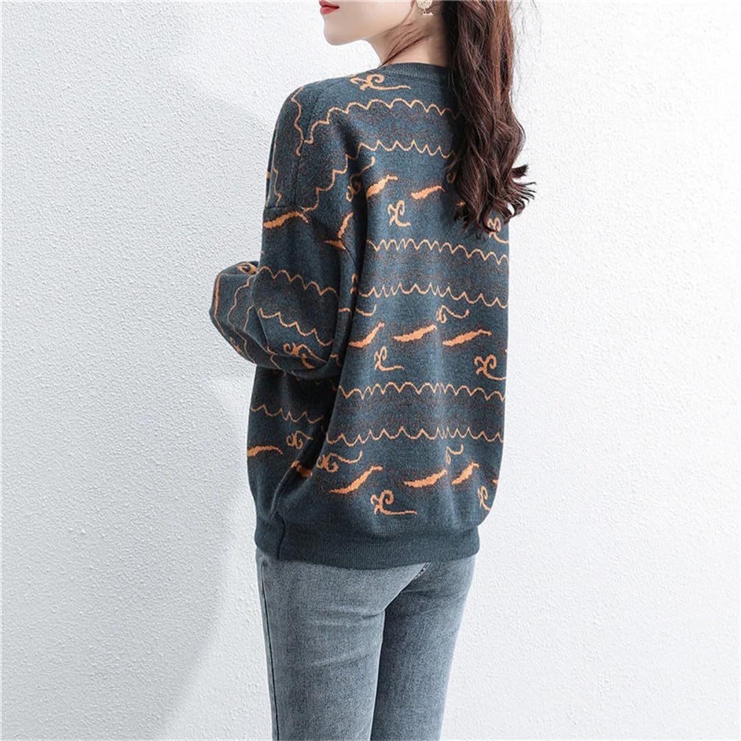 Jesienno-zimowa retro żakardowy sweter z dzianiny z okrągłym dekoltem damski na co dzień z długim rękawem wąski sweter top