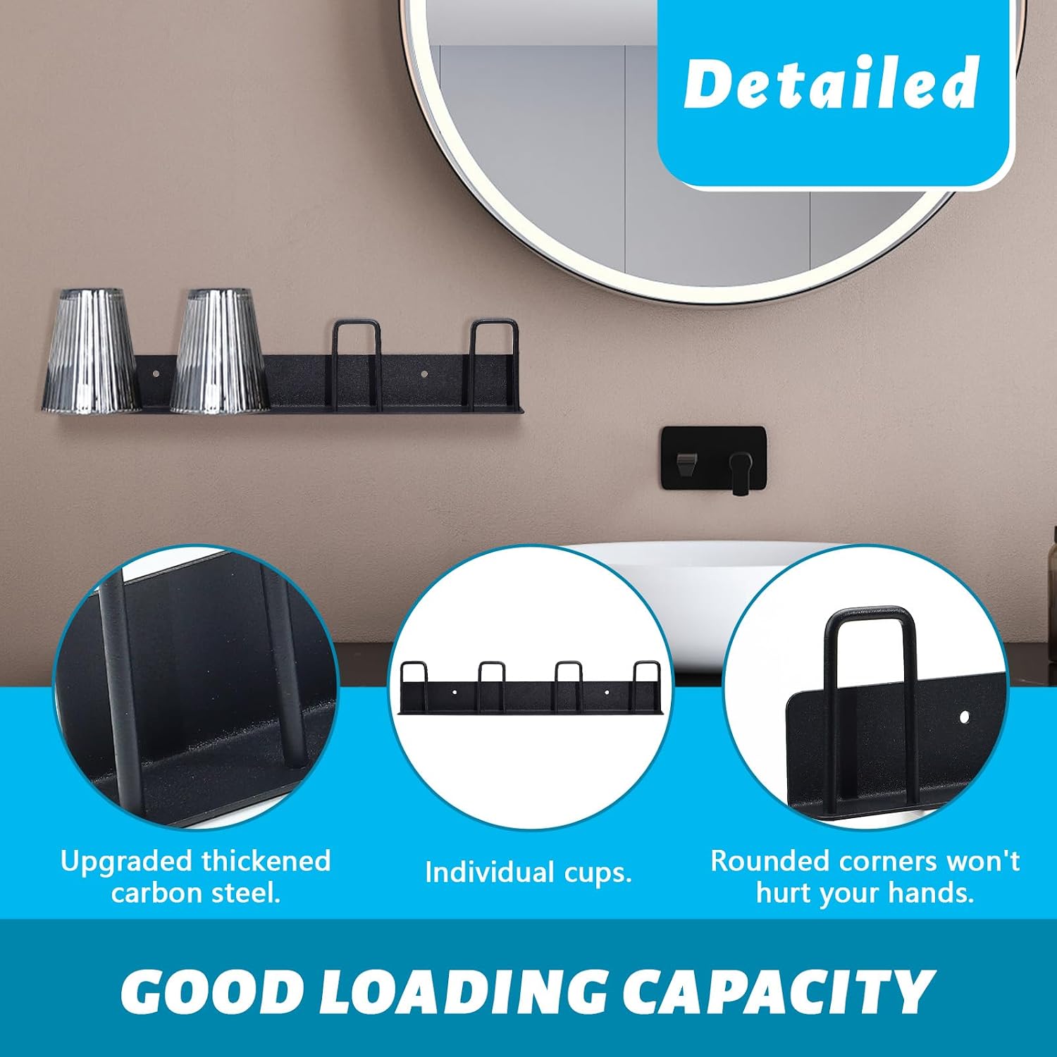 Huakaile Set of 2 Wall Mounted Mug Rack with 8 Hooks, No Drilling Coffee Cup Holder, Metal Adhesive Mug Wall Rack Hanger Cup Storage Organizer for Kitchen Office Bar Display Accessories (Black)