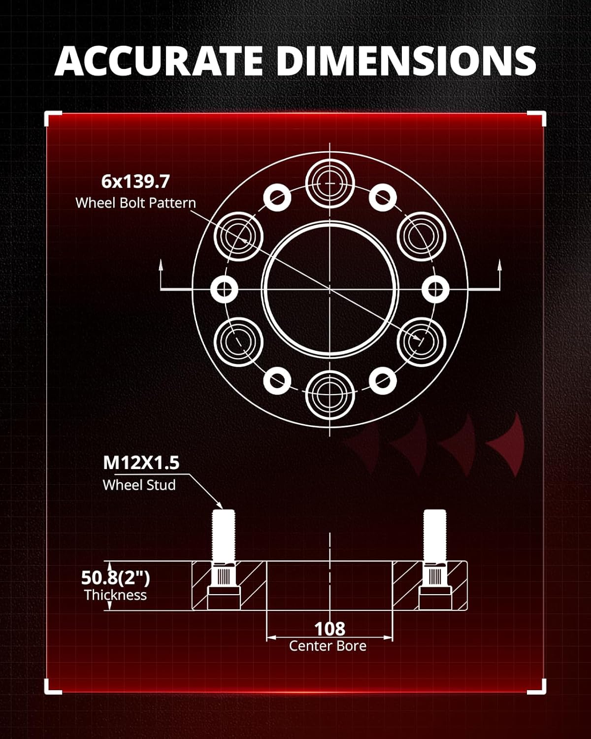 EVIL ENERGY 6x5.5 Wheel Spacers 2 inch Compatible with Tacoma 1995-2023, 6x139.7 mm 6 Lugs 108 mm Hub Bore M12x1.5 Studs Black, Not Hubcentric - Image 2