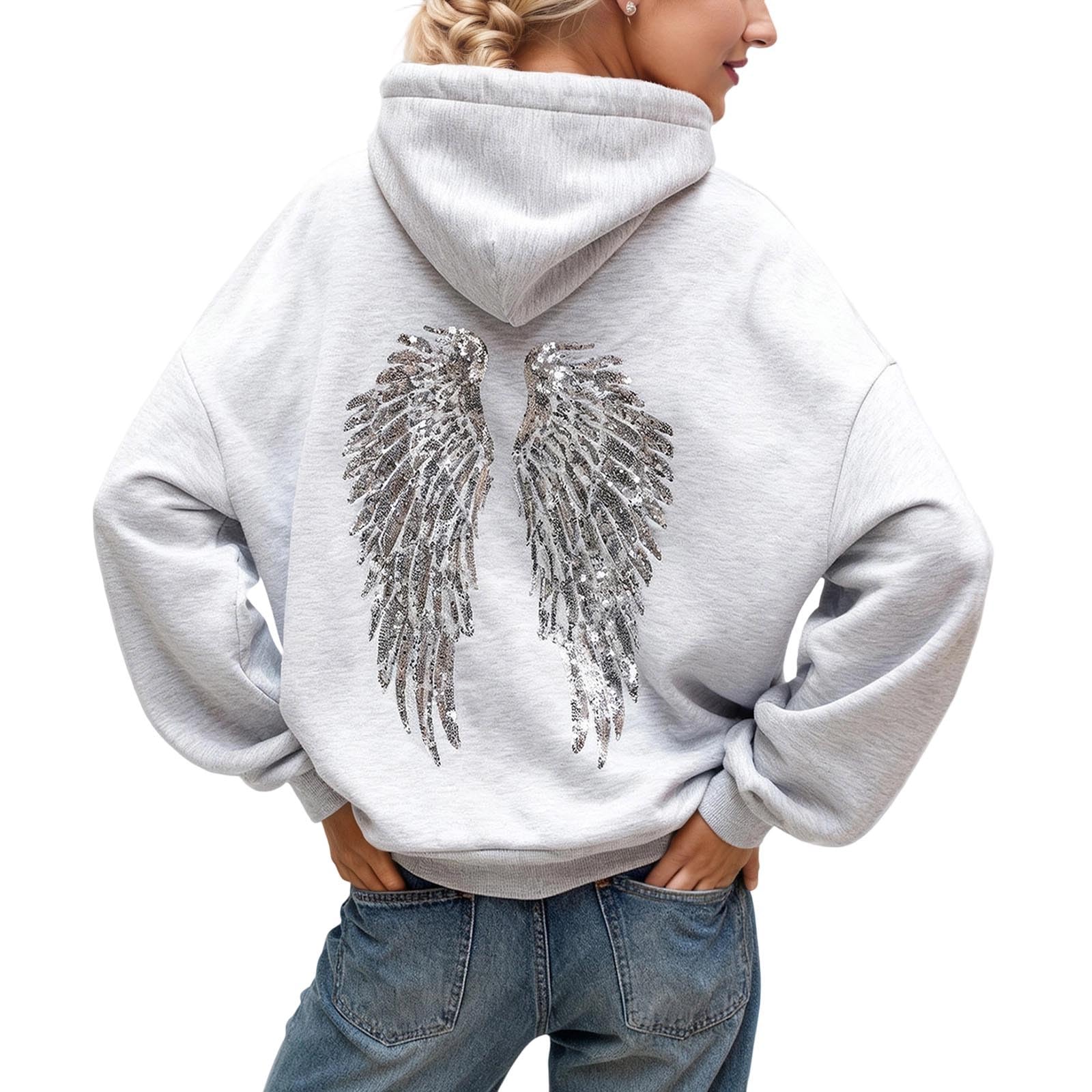Angel Hoodie Sweat a Capuche Femme avec Ailes d'ange en Strass et Poches Pull Ange Casual Longue Hoodie Femme Automne et Hiver Sweatshirt Chaud Streetwear Sweat Sport Vêtements