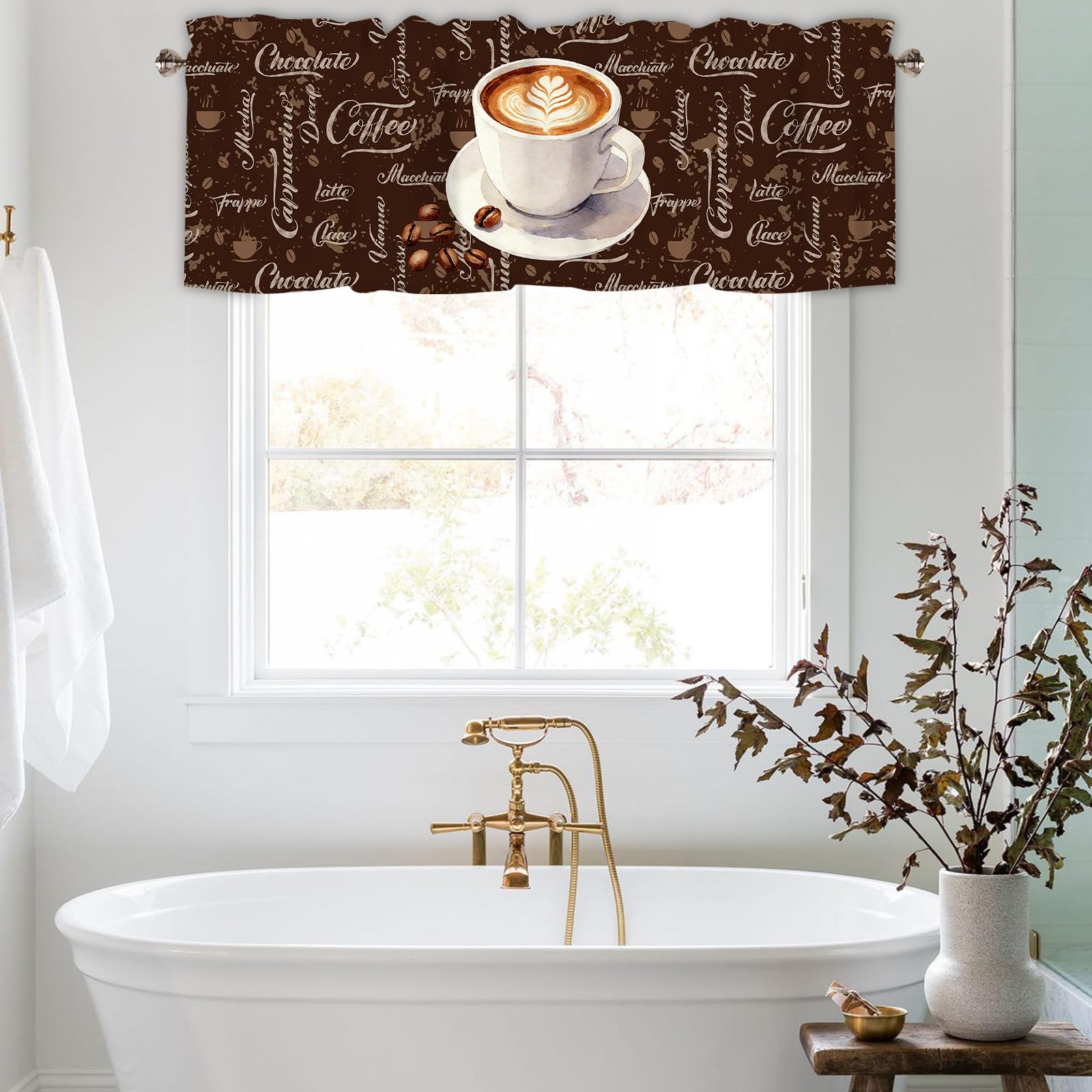 Coffee Valance Curtains for Windows, Sheer Rod Pocket Short 42x12 in
